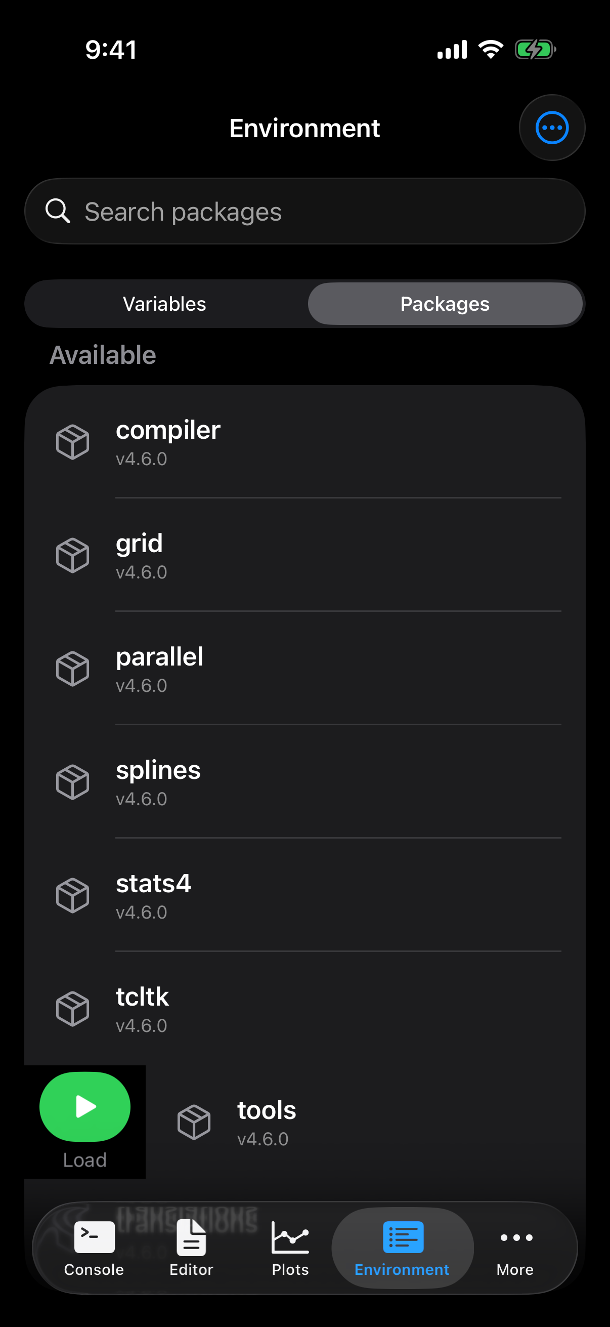 Package row swiped right revealing the green Load button on iPhone in dark mode