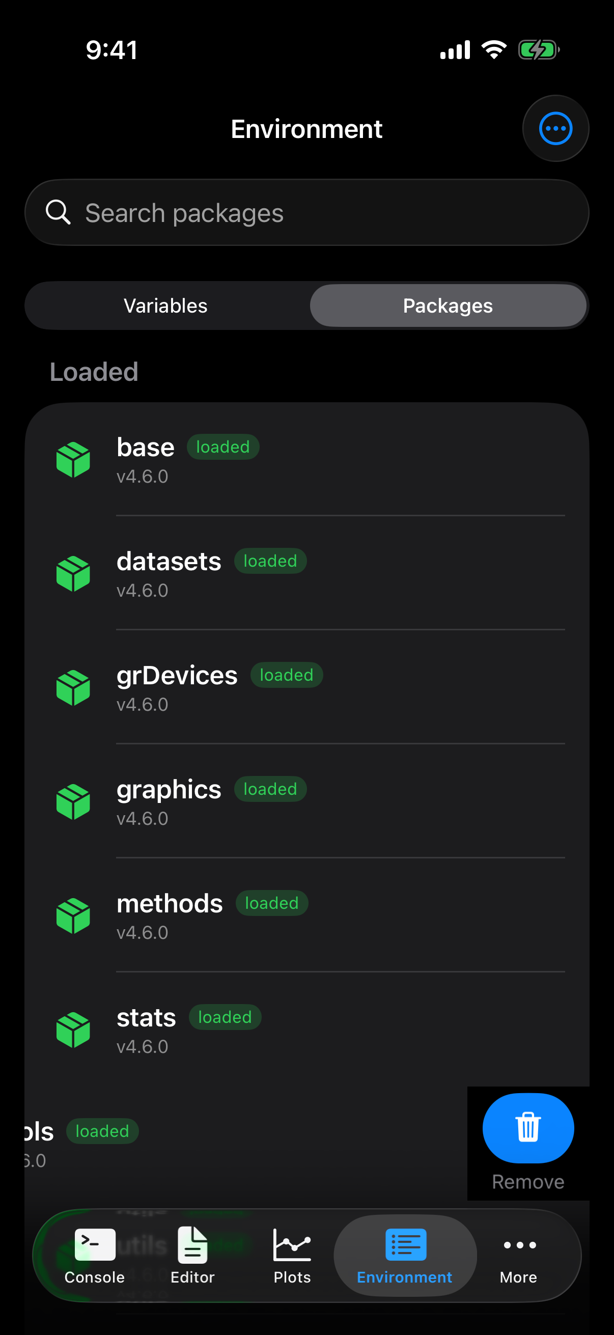 Package row swiped left revealing the Remove button on iPhone in dark mode
