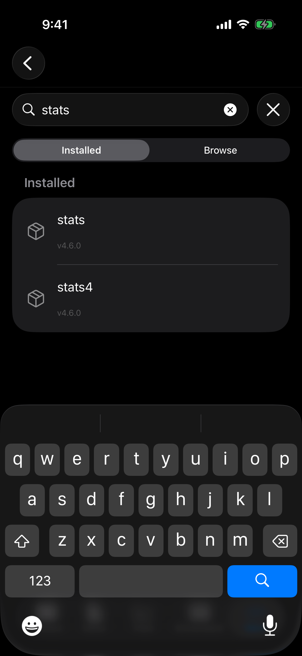 Packages tab search filtering the installed list on iPhone in dark mode