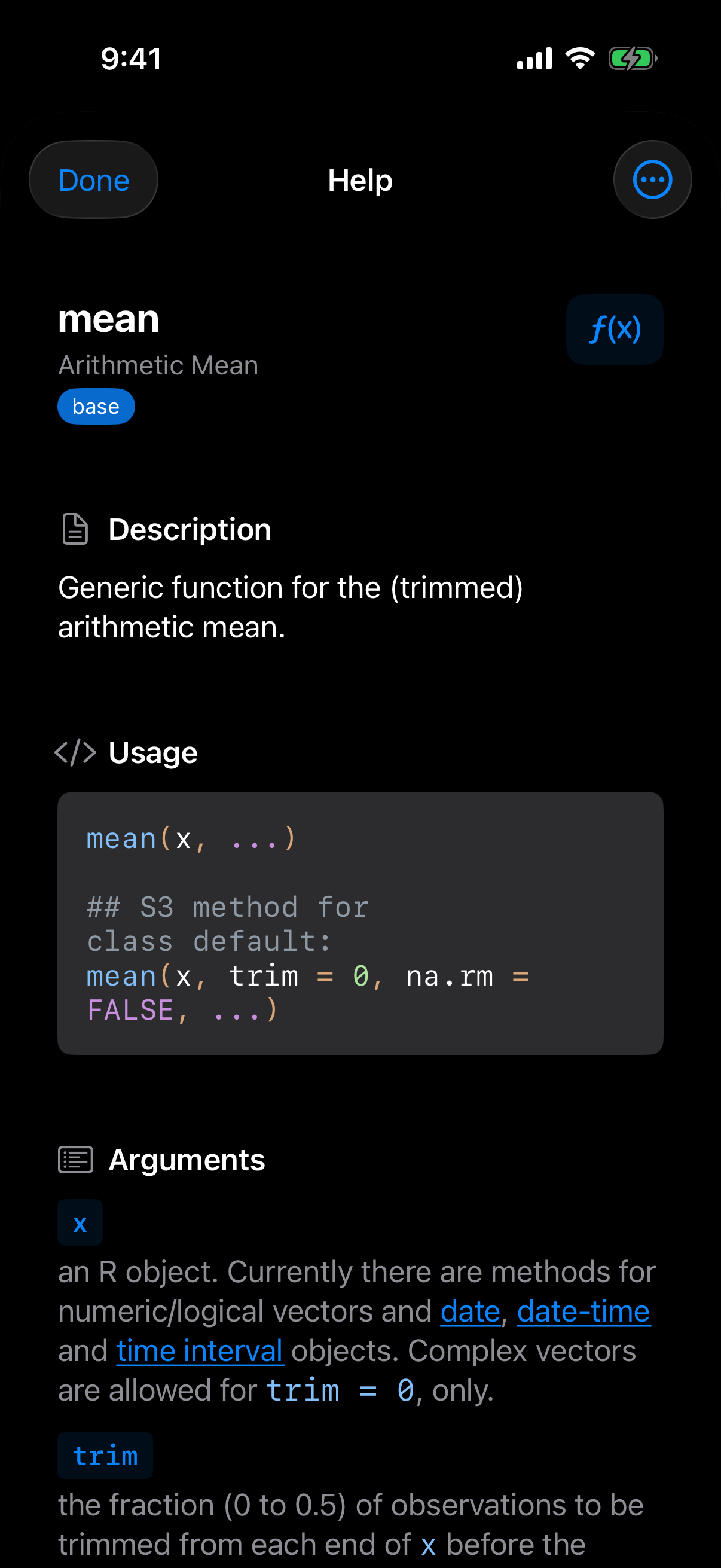 Help page for the mean function opened from the Console on iPhone in dark mode