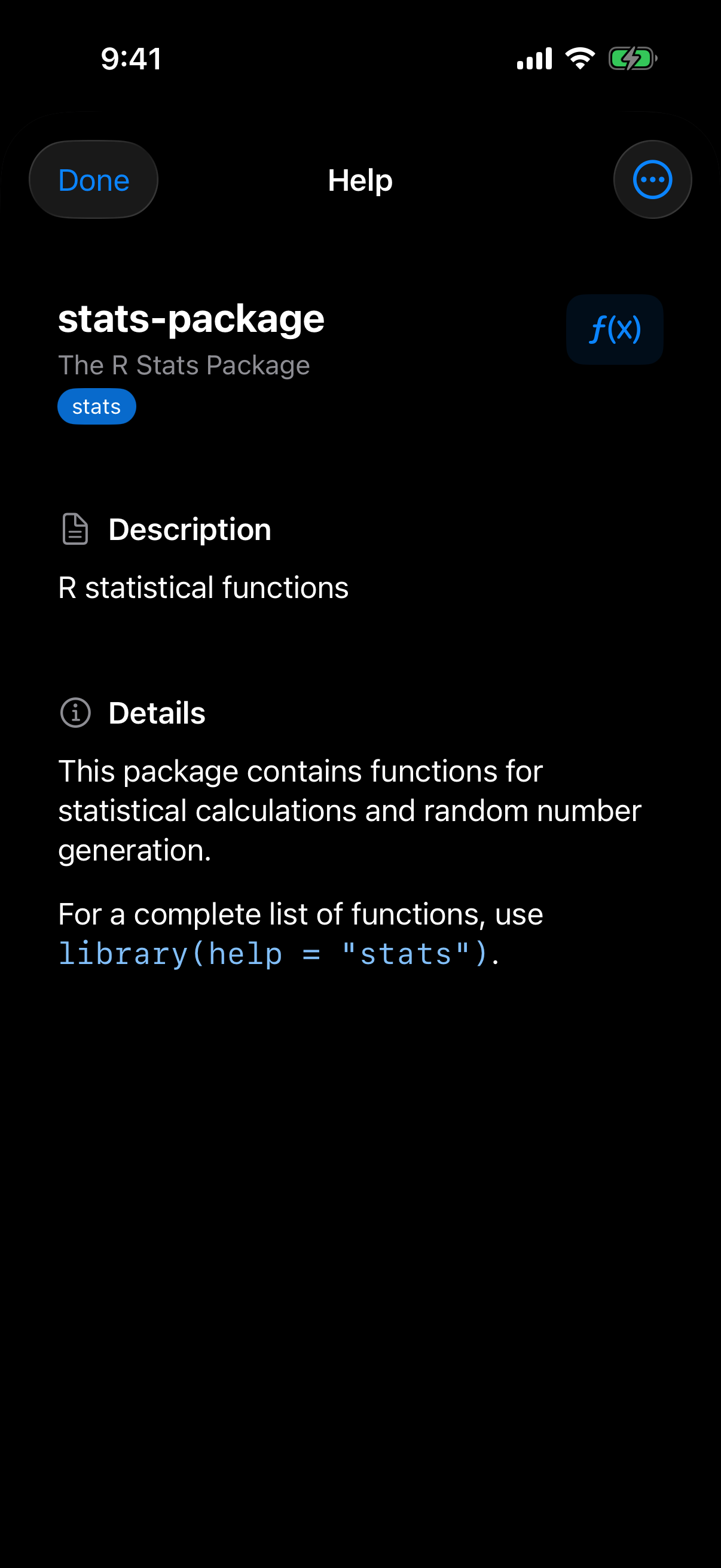 Package index page listing a package's functions on iPhone in dark mode