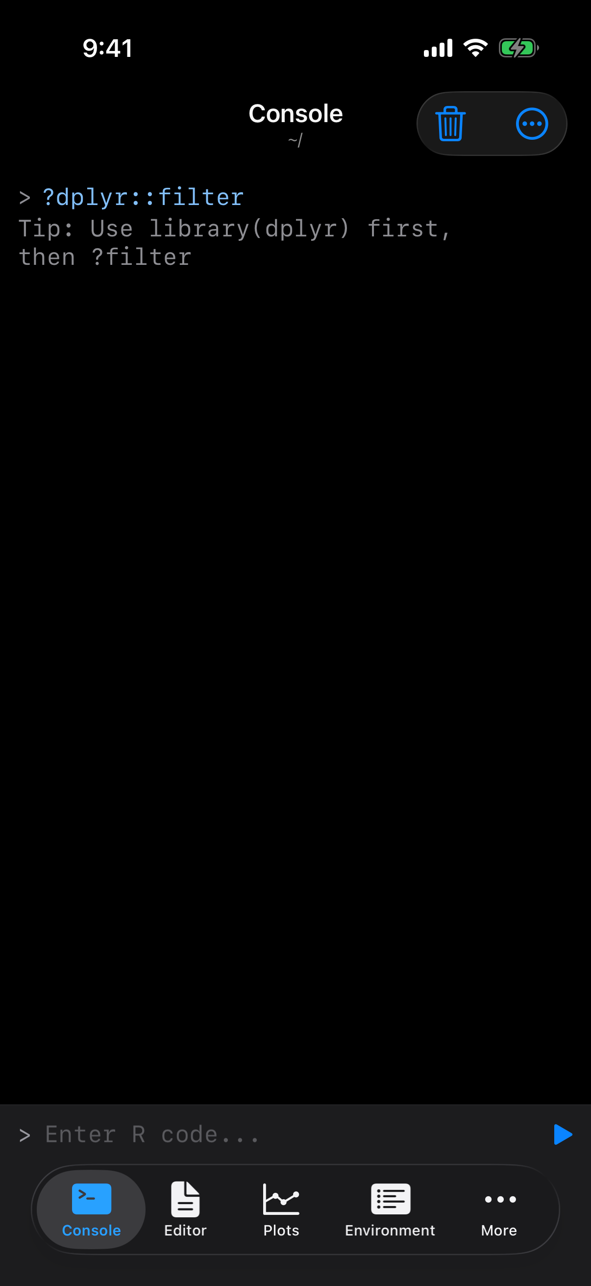 Console tip suggesting library() before a namespaced help lookup on iPhone in dark mode