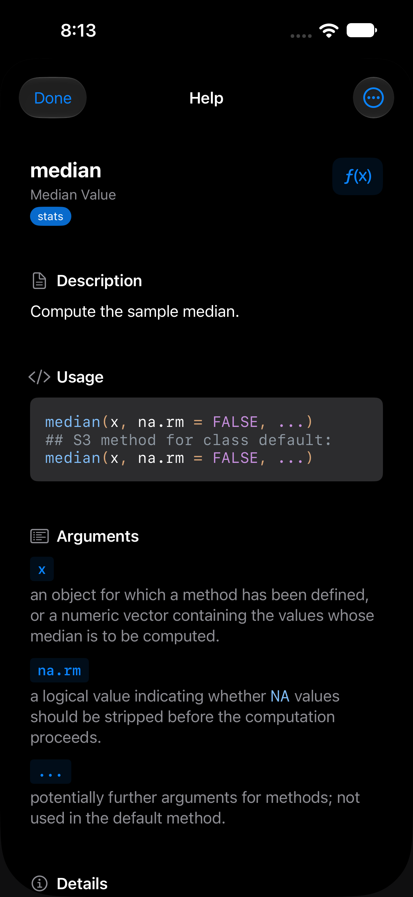 Help page for stats::median opened from the Console with ?stats::median on iPhone in dark mode