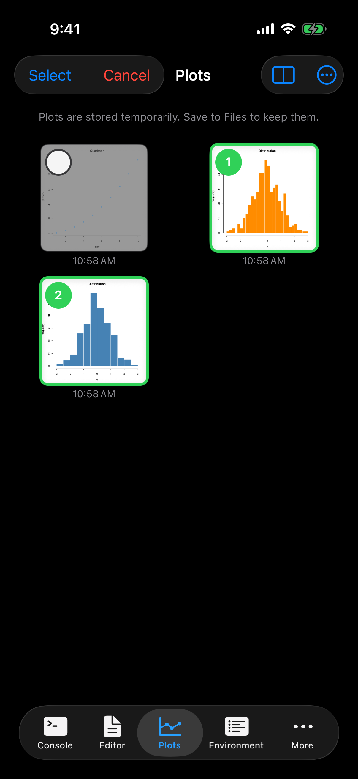 Two plots selected for comparison with numbered badges on iPhone in dark mode