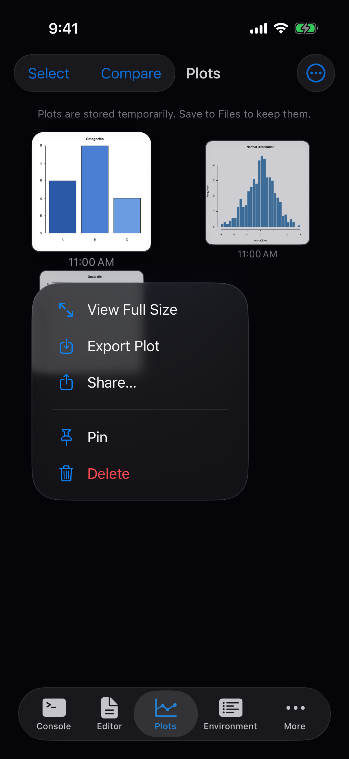 Long press context menu on a plot thumbnail showing Pin on iPhone in dark mode