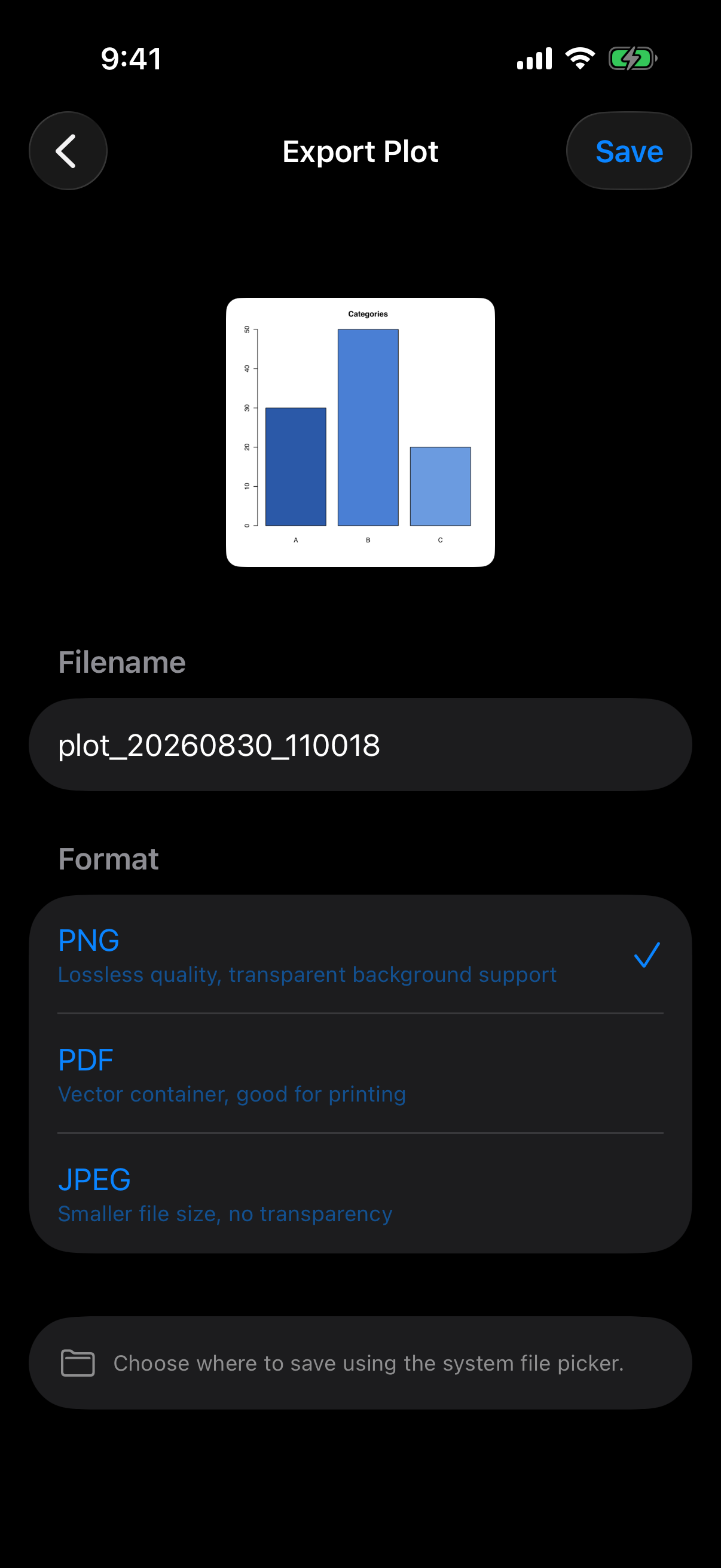 Export page with filename field and format options on iPhone in dark mode