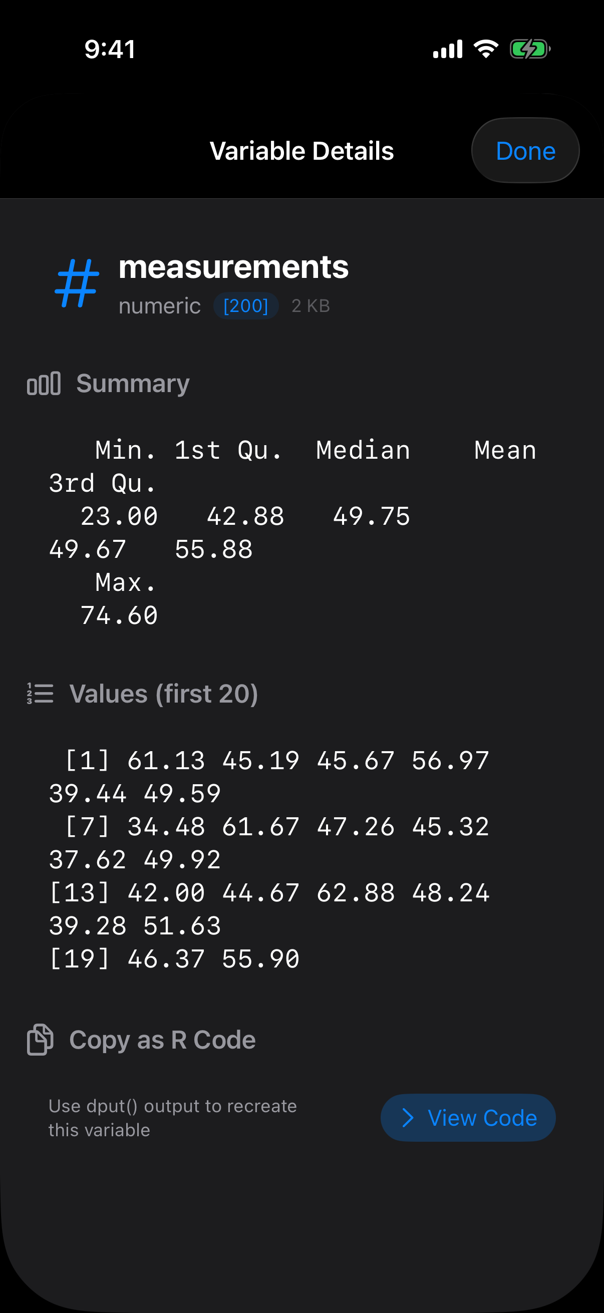 Variable details for a numeric vector showing summary and first elements on iPhone in dark mode