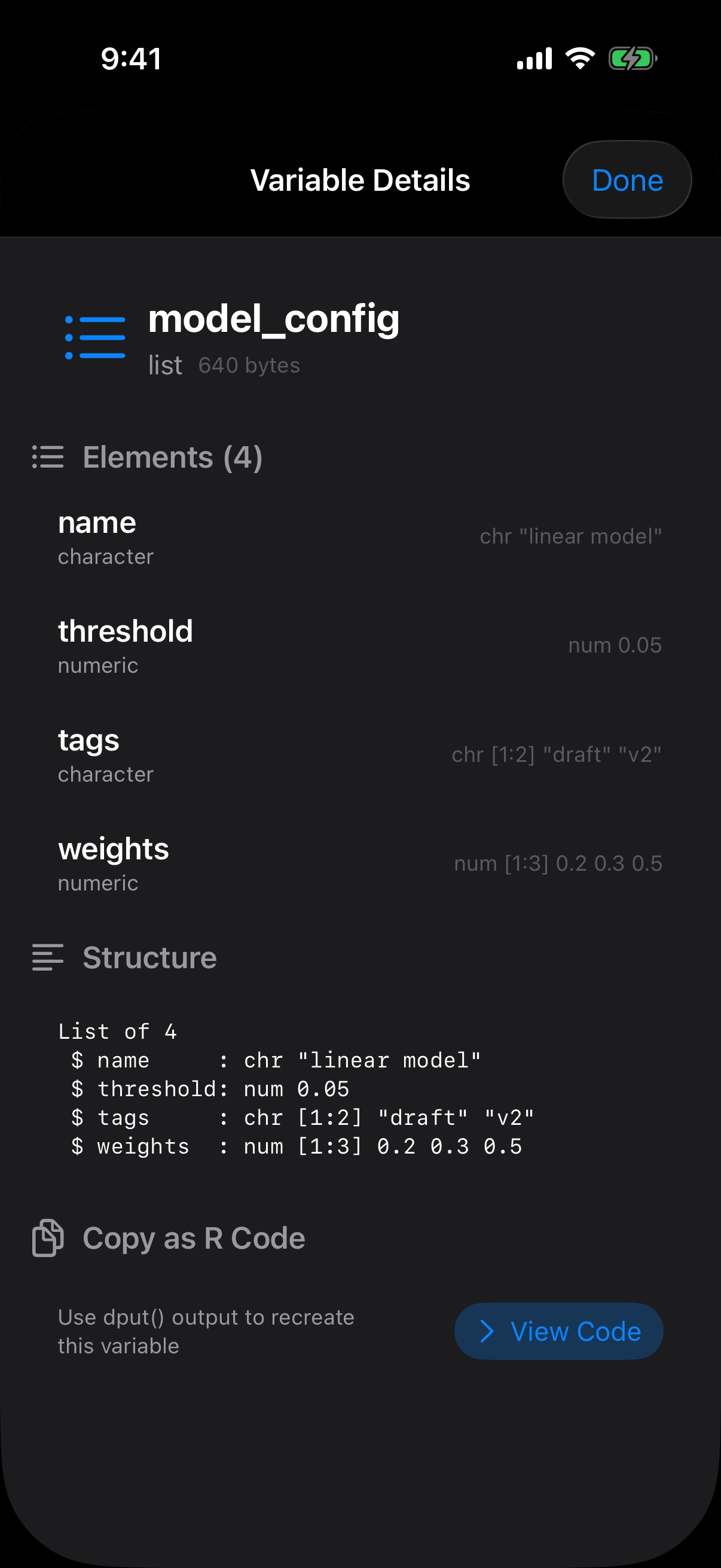 Variable details for a list showing its structure and elements on iPhone in dark mode