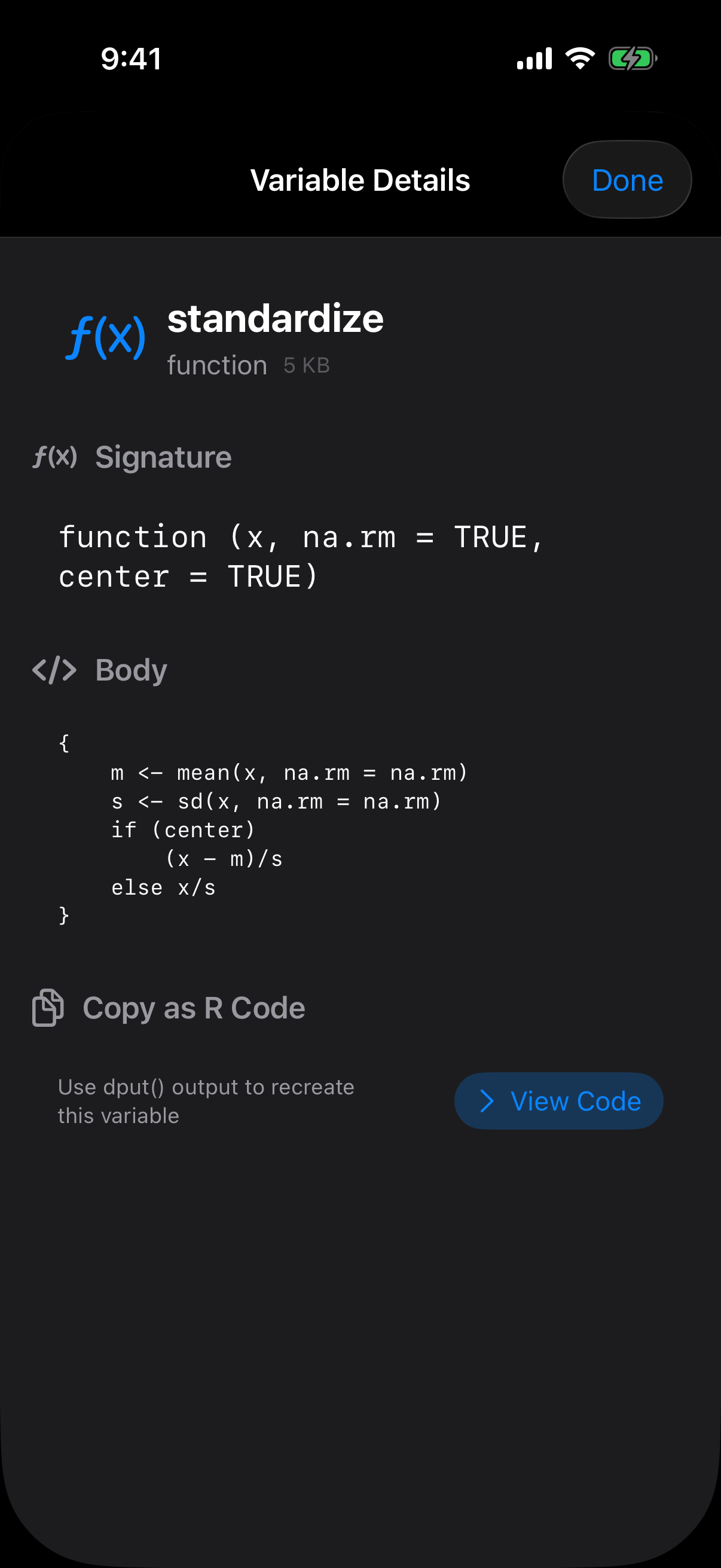 Variable details for a function showing its signature and body on iPhone in dark mode