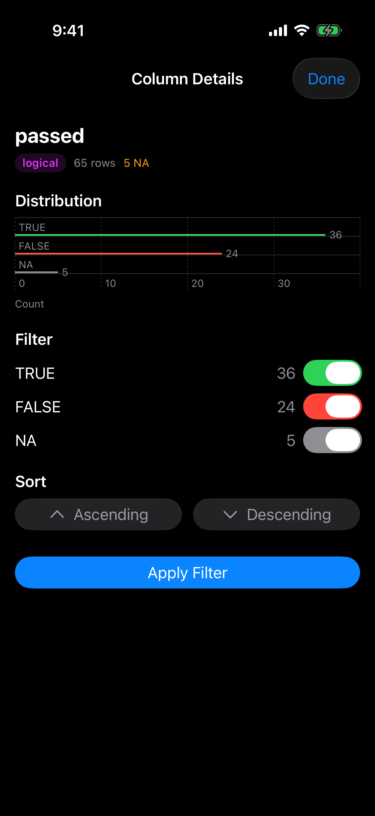 Column details for a logical column with TRUE FALSE and NA toggles on iPhone in dark mode