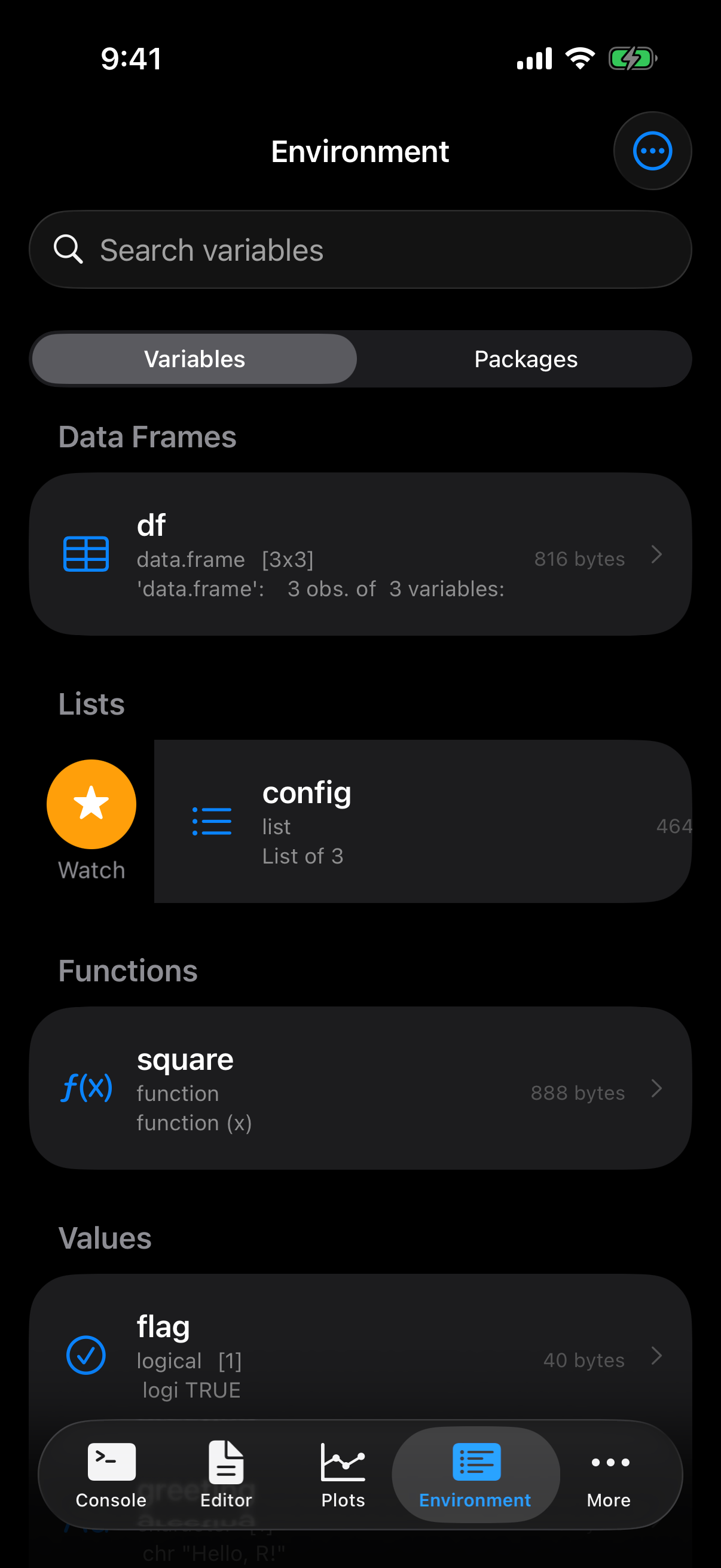 Variable row swiped right revealing the Watch button on iPhone in dark mode