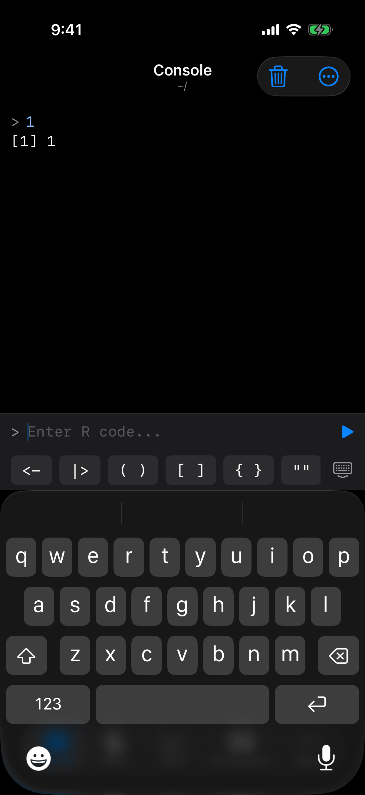The R keyboard toolbar above the console input on iPhone in dark mode
