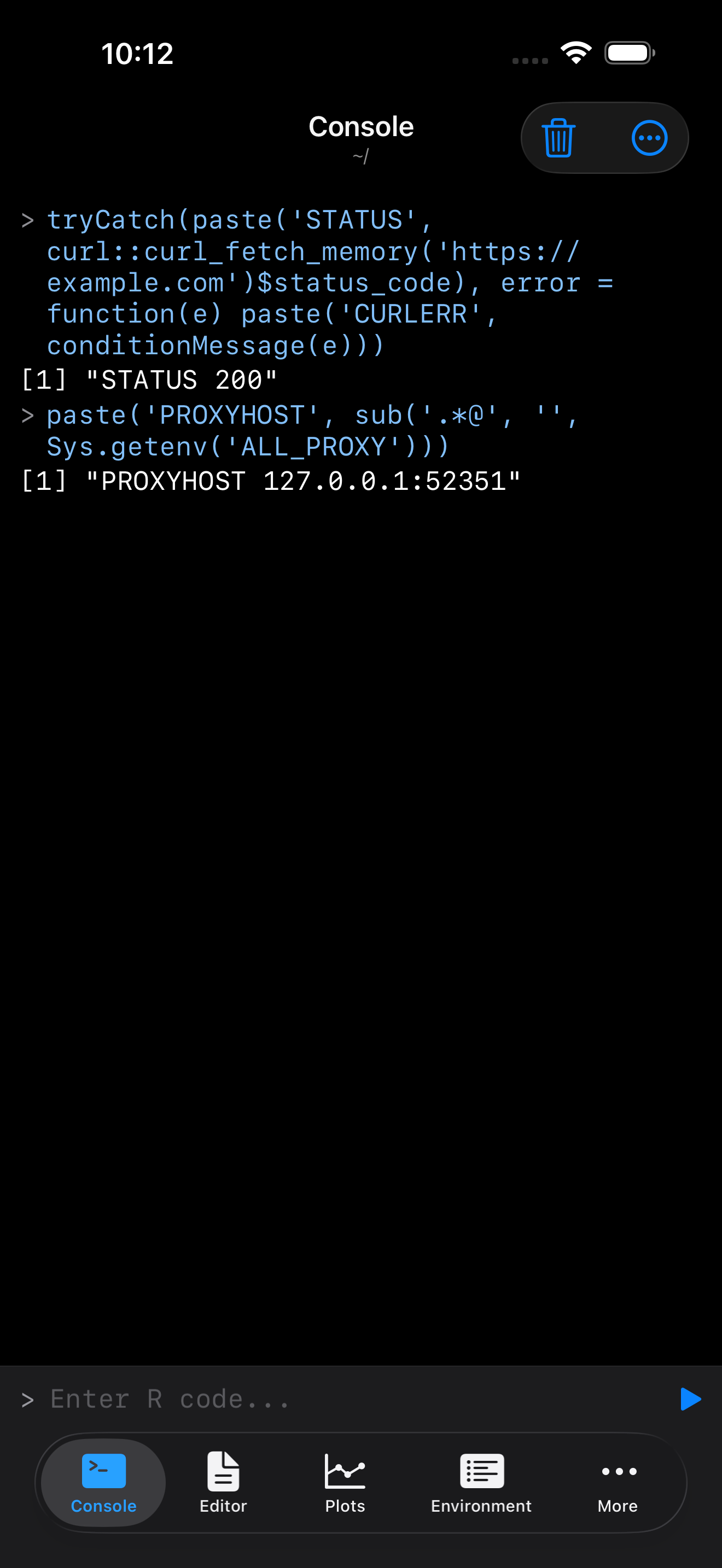 Console on iPhone showing a successful request returning status 200 and the proxy host reading 127.0.0.1, in dark mode