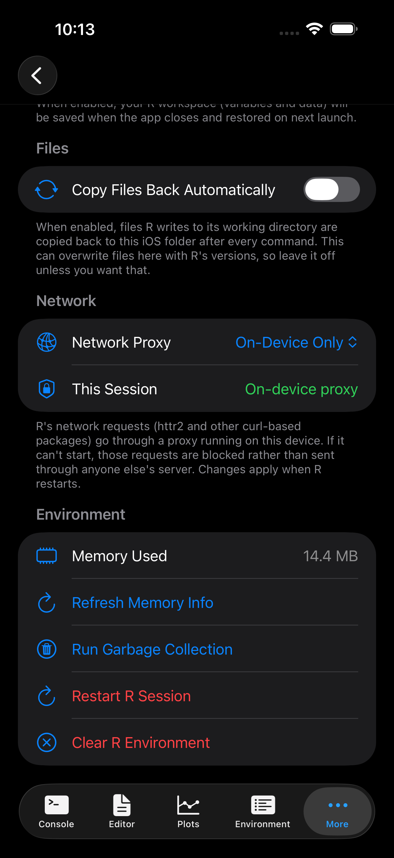 R Session settings on iPhone with the Network section showing Network Proxy set to On-Device Only and This Session reading On-device proxy, in dark mode