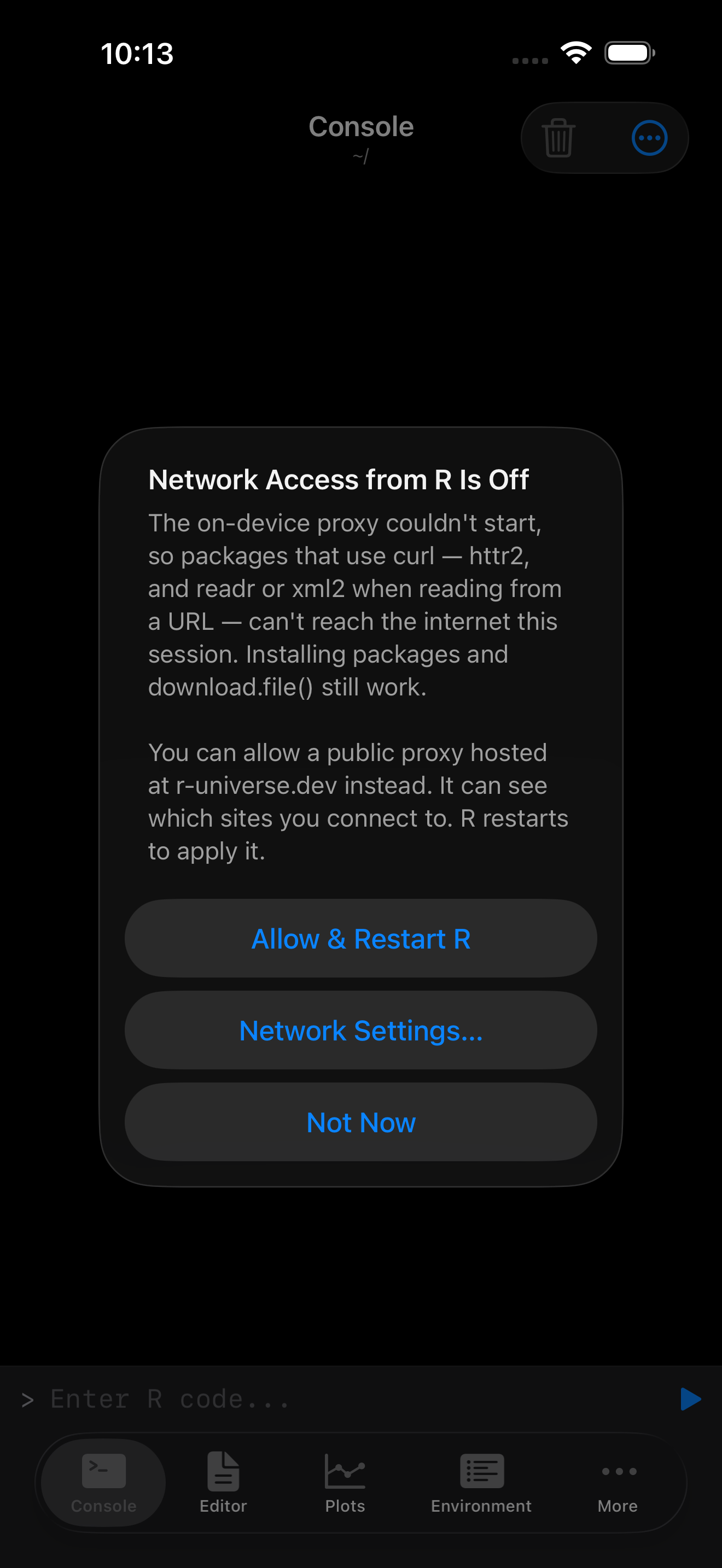 Alert on iPhone titled Network Access from R Is Off, offering Allow and Restart R, Network Settings, and Not Now, in dark mode