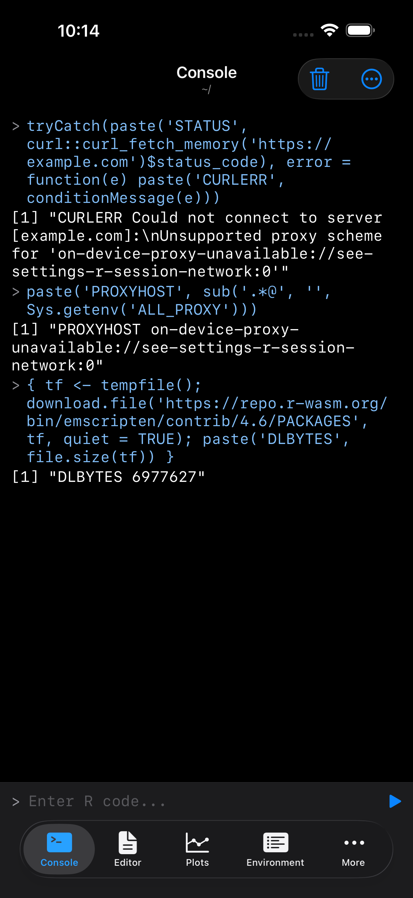 Console on iPhone showing an unsupported proxy scheme error from curl, and a successful download.file call below it, in dark mode