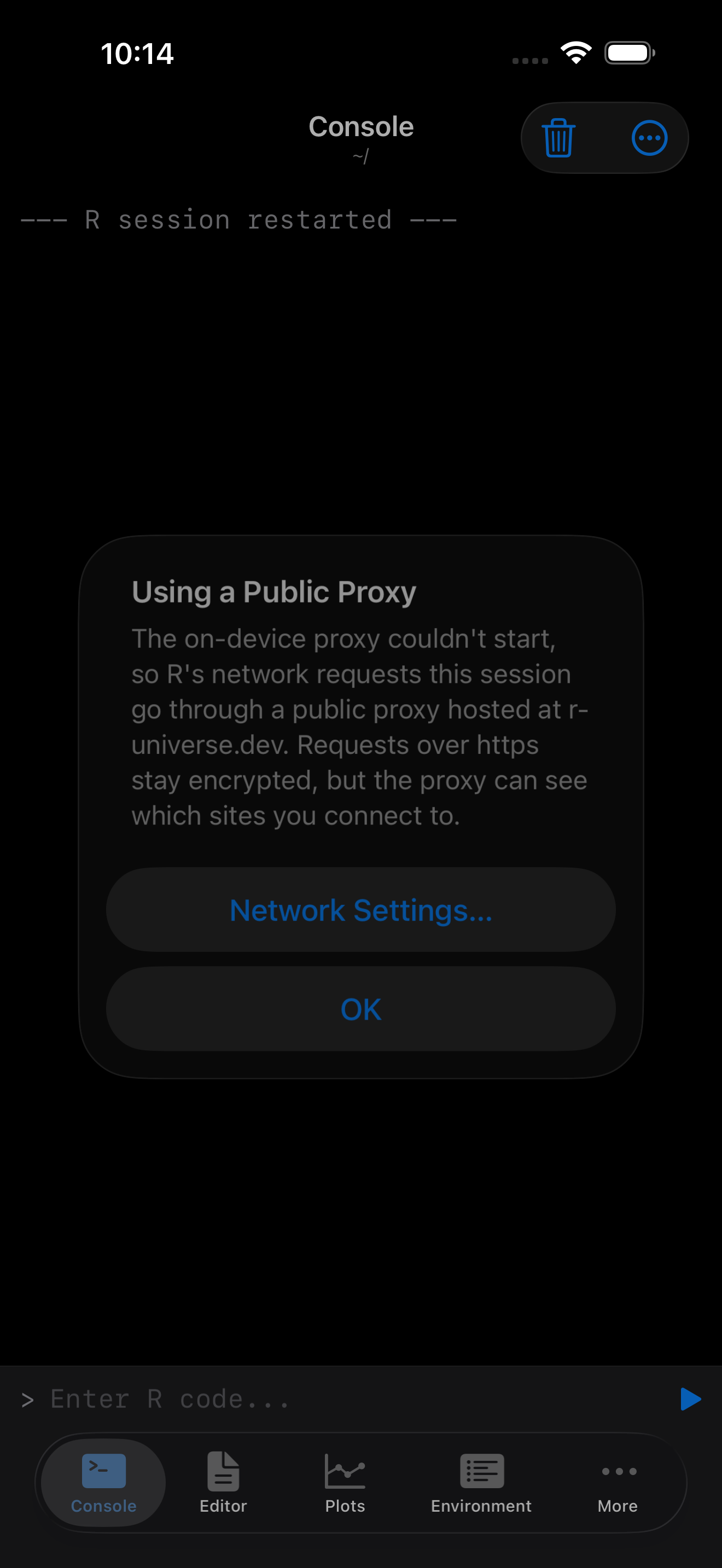 Alert on iPhone titled Using a Public Proxy explaining that requests go through a proxy hosted at r-universe.dev, in dark mode