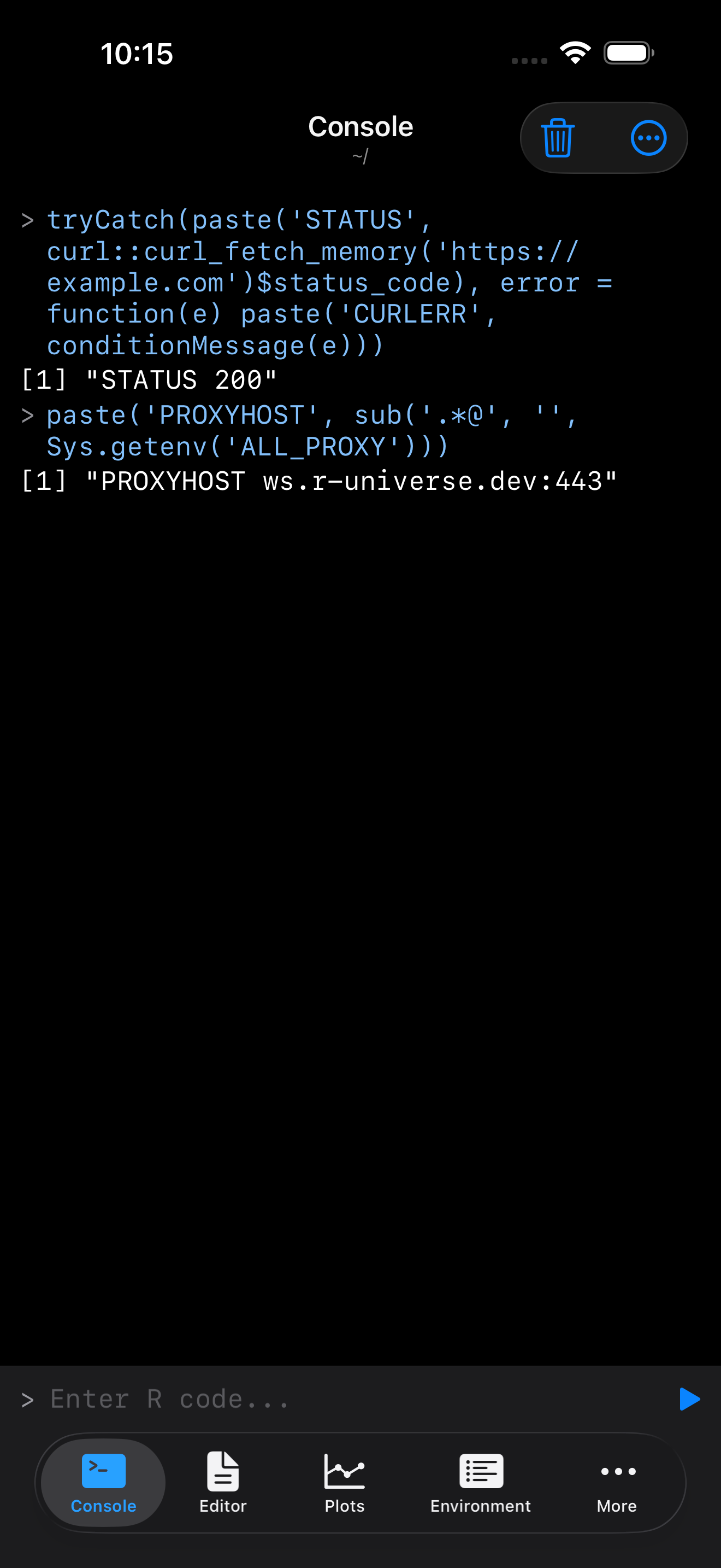 Console on iPhone showing a request returning status 200 with the proxy host reading ws.r-universe.dev, in dark mode