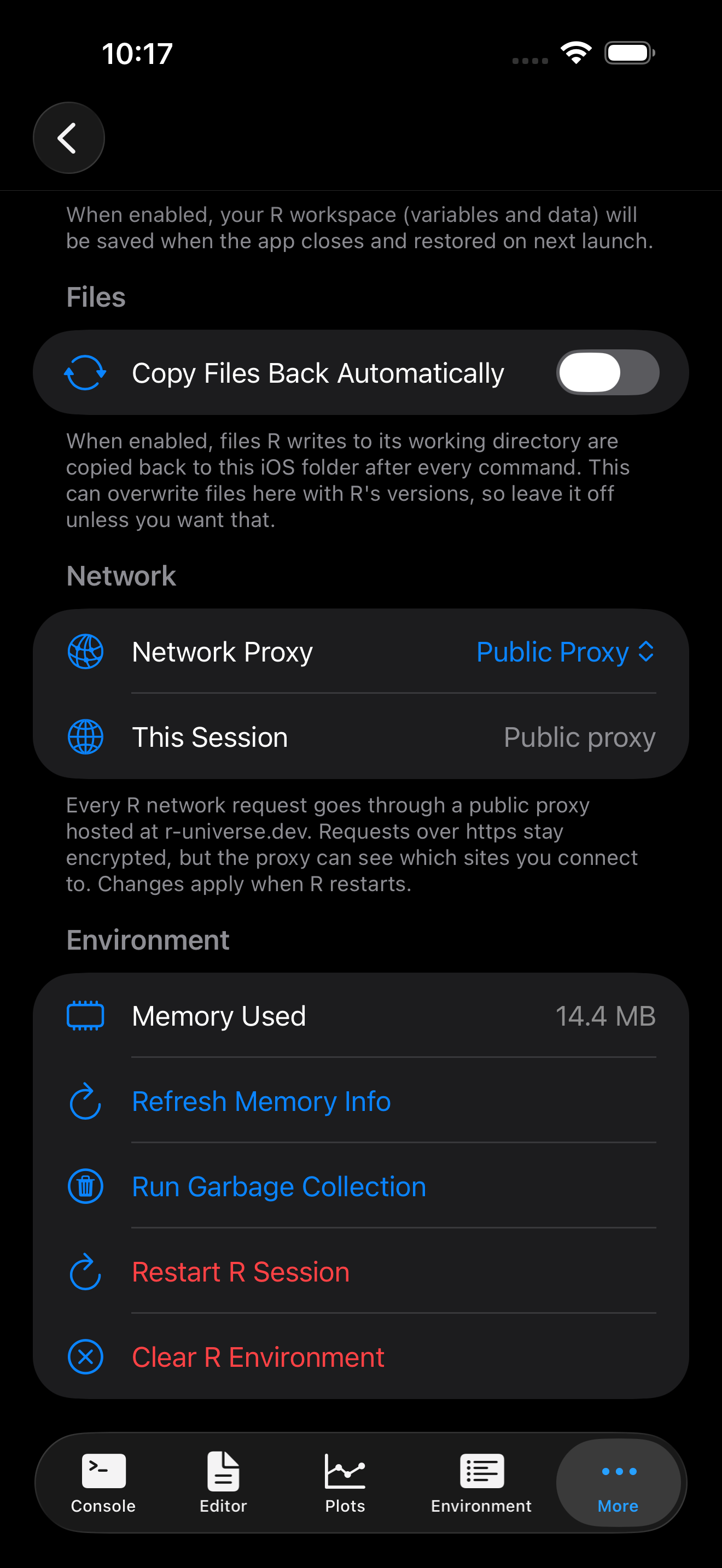 R Session settings on iPhone with Network Proxy set to Public Proxy and This Session reading Public proxy, in dark mode