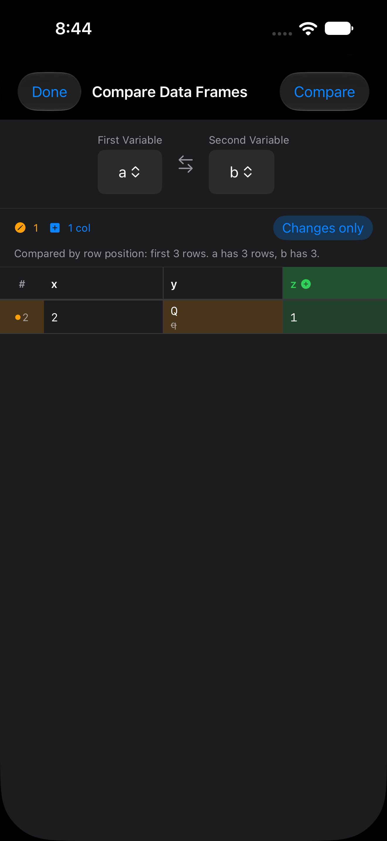 Compare Data Frames with Changes only turned on, leaving just the changed row 2 on iPhone in dark mode