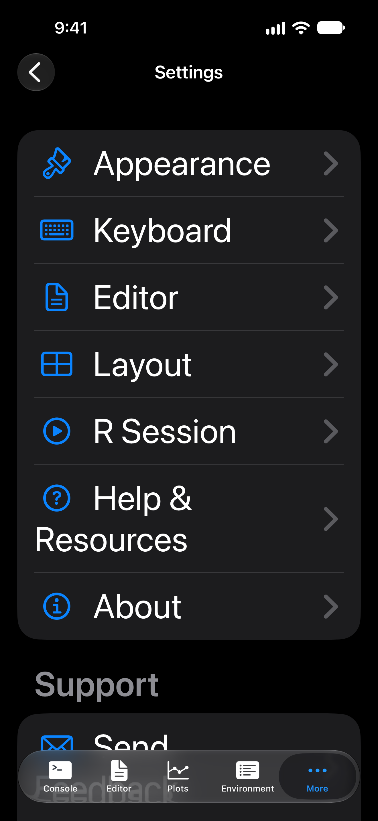 The same Settings index on iPhone at an accessibility text size, with larger row titles and icons, in dark mode