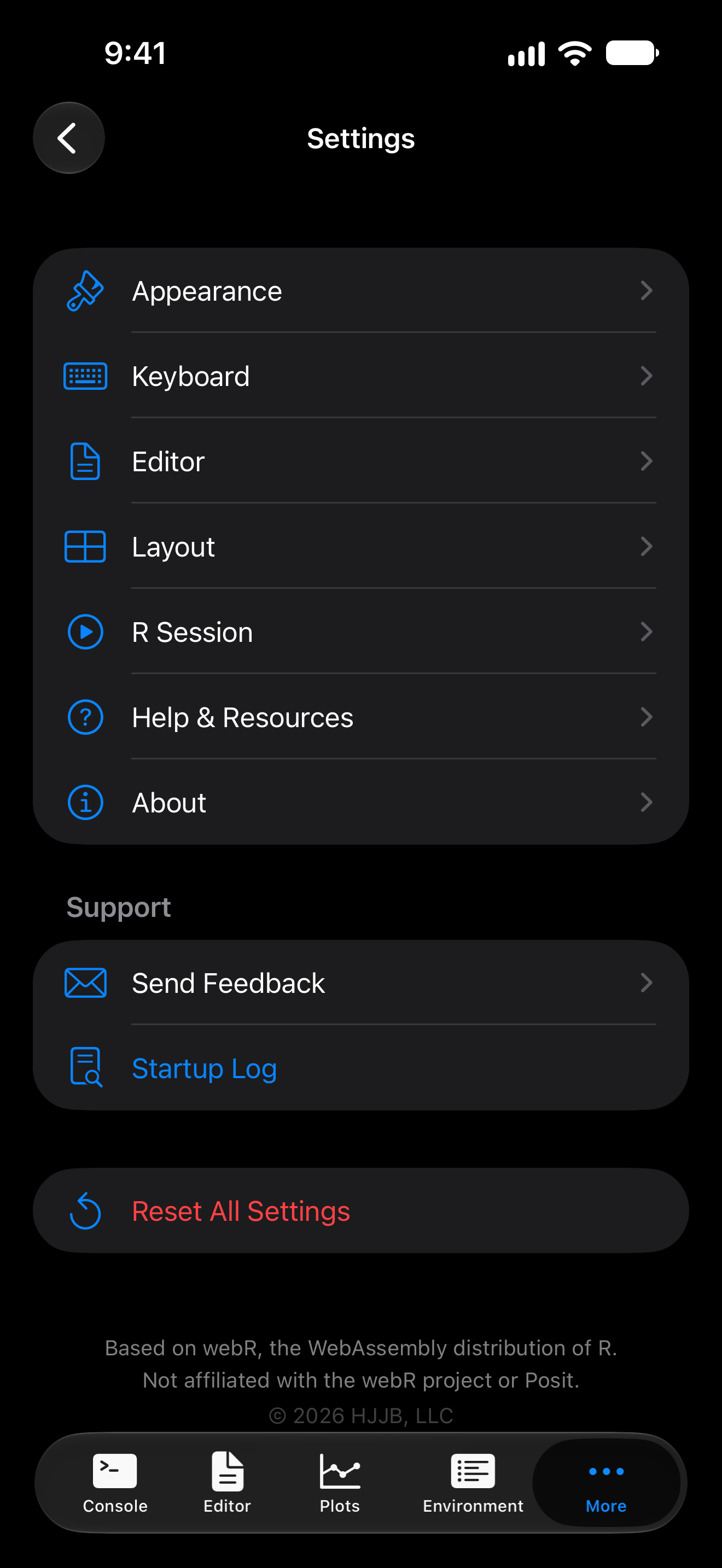 The Settings index on iPhone at the default text size, in dark mode