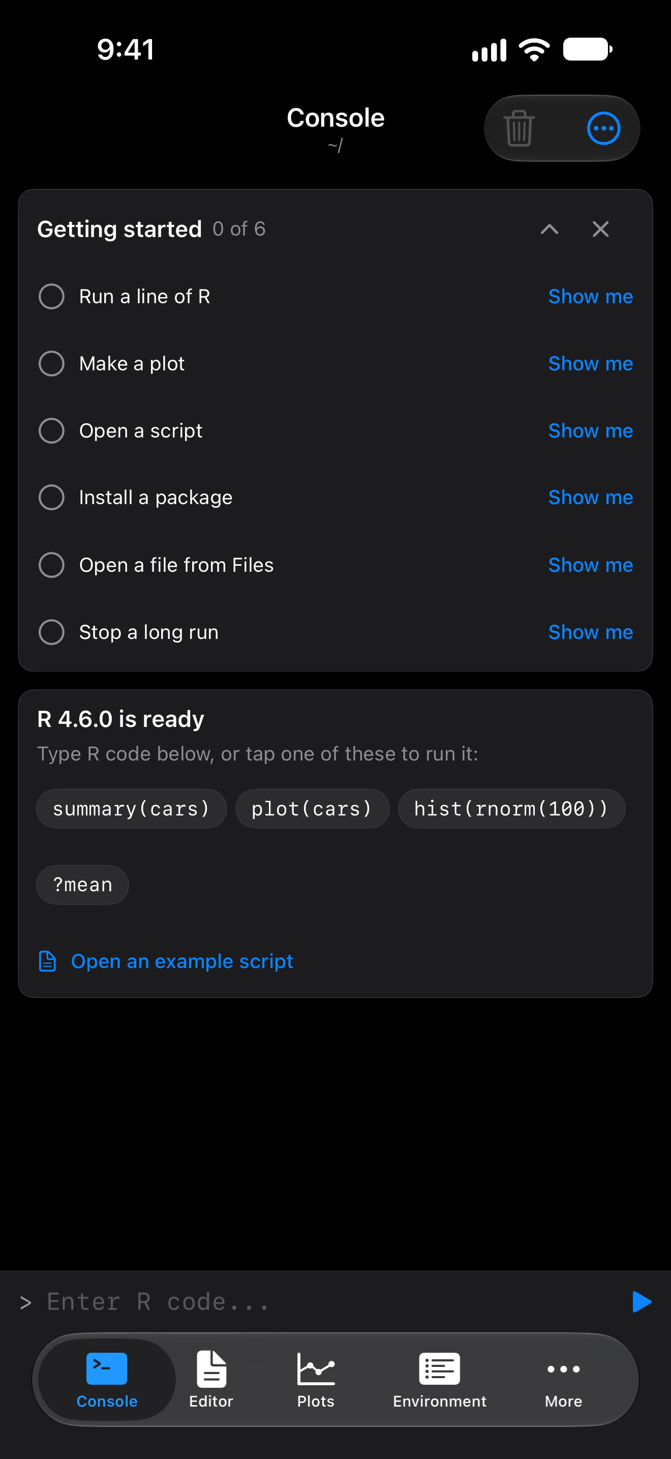 The Getting started checklist at the top of the Console on iPhone, none of its six steps done yet, in dark mode