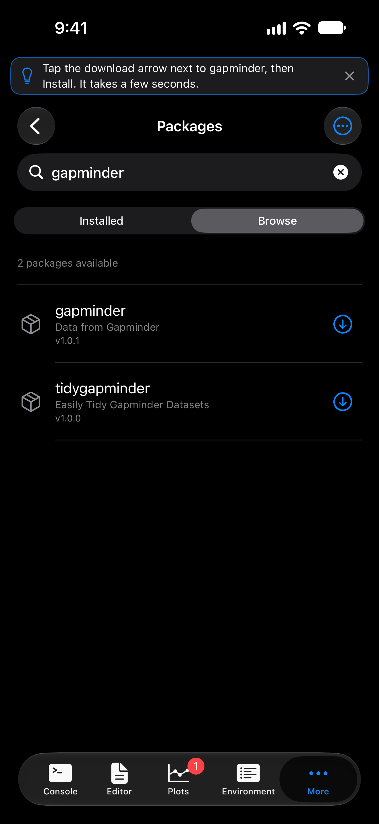 Show me for Install a package on iPhone: Packages on Browse with gapminder in the search field, and a tip to tap its download arrow and then Install, in dark mode
