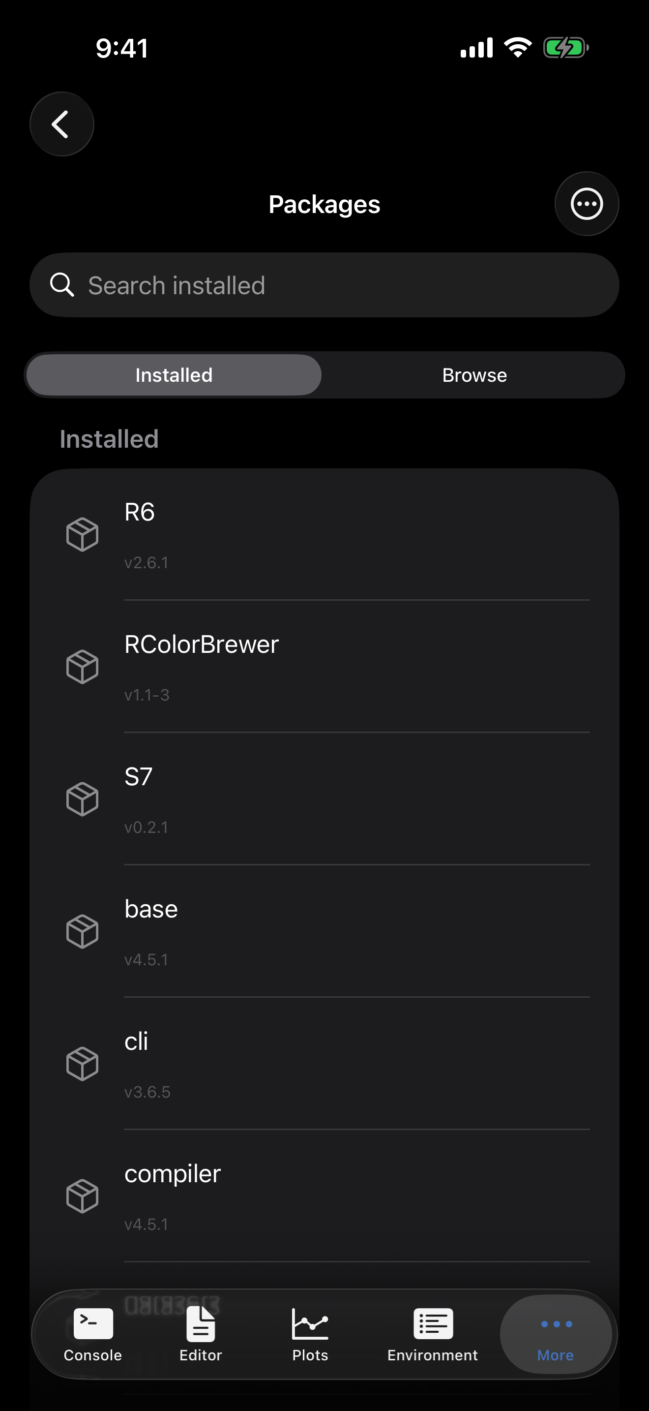 Packages tab on iPhone in dark mode