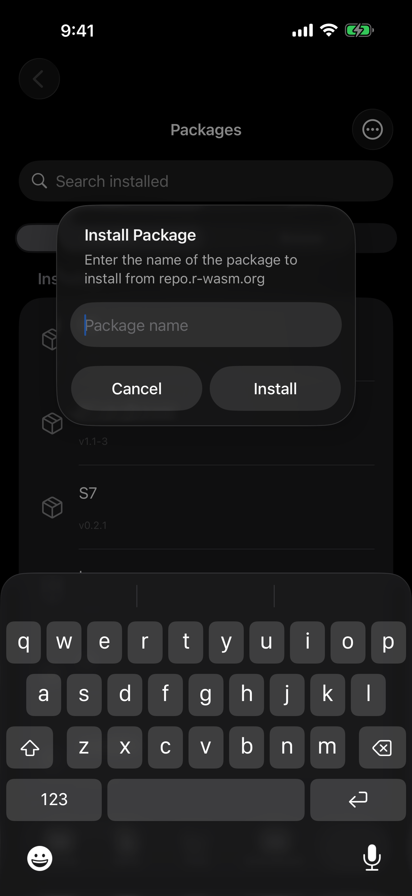 Install Package dialog on iPhone in dark mode