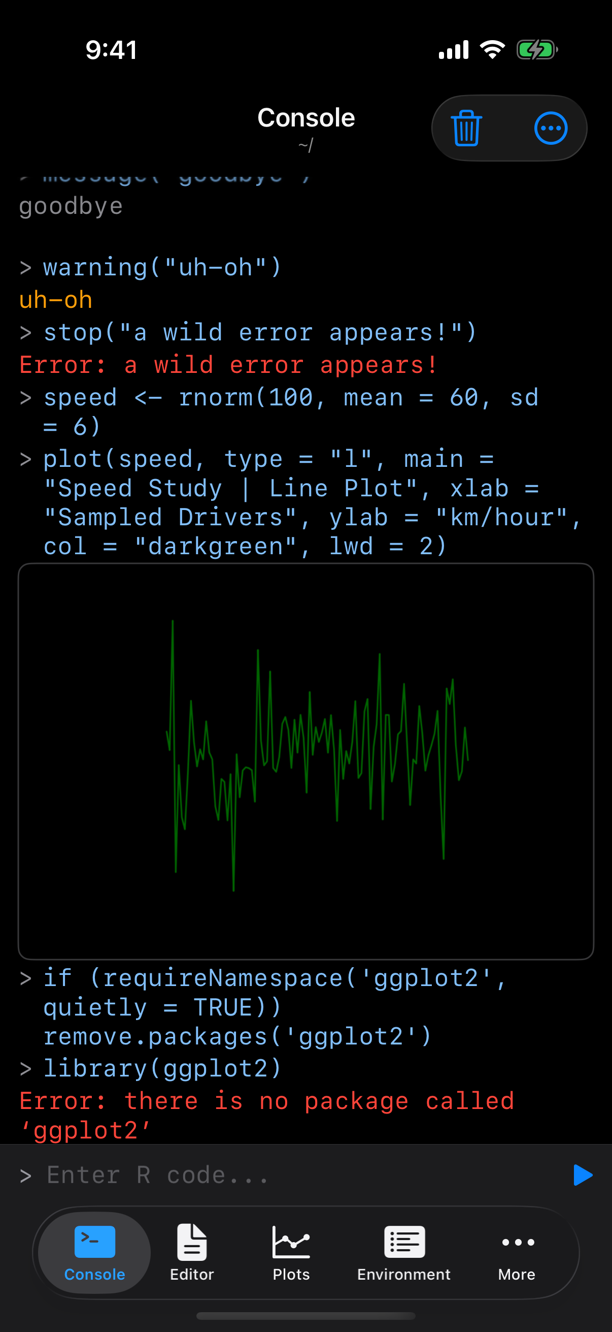 Console showing 'there is no package called ggplot2' on iPhone in dark mode