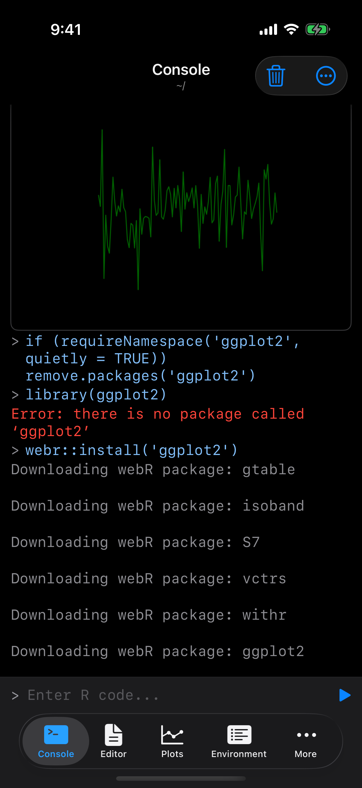 Console showing ggplot2 and its dependencies downloading on iPhone in dark mode