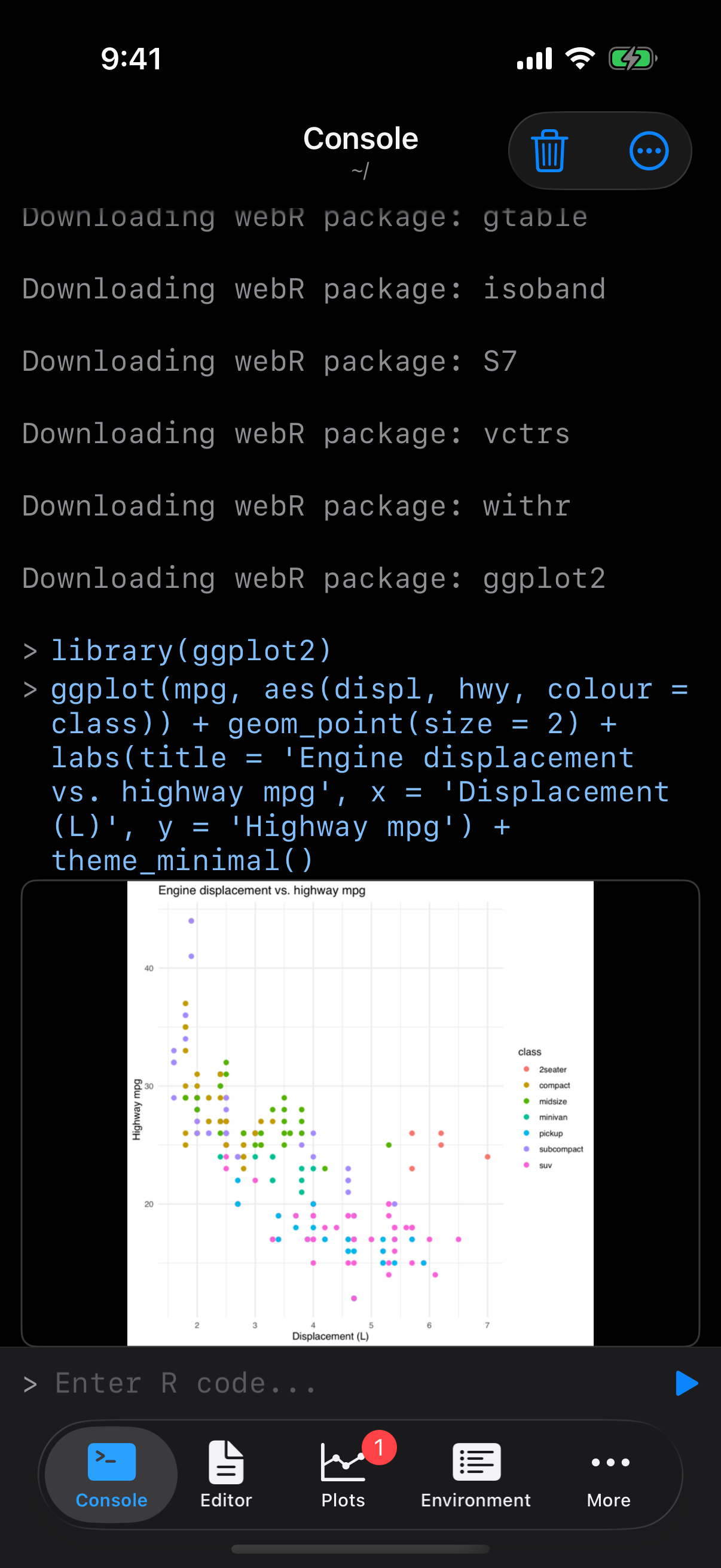 A ggplot2 scatter plot rendered inline in the console on iPhone in dark mode