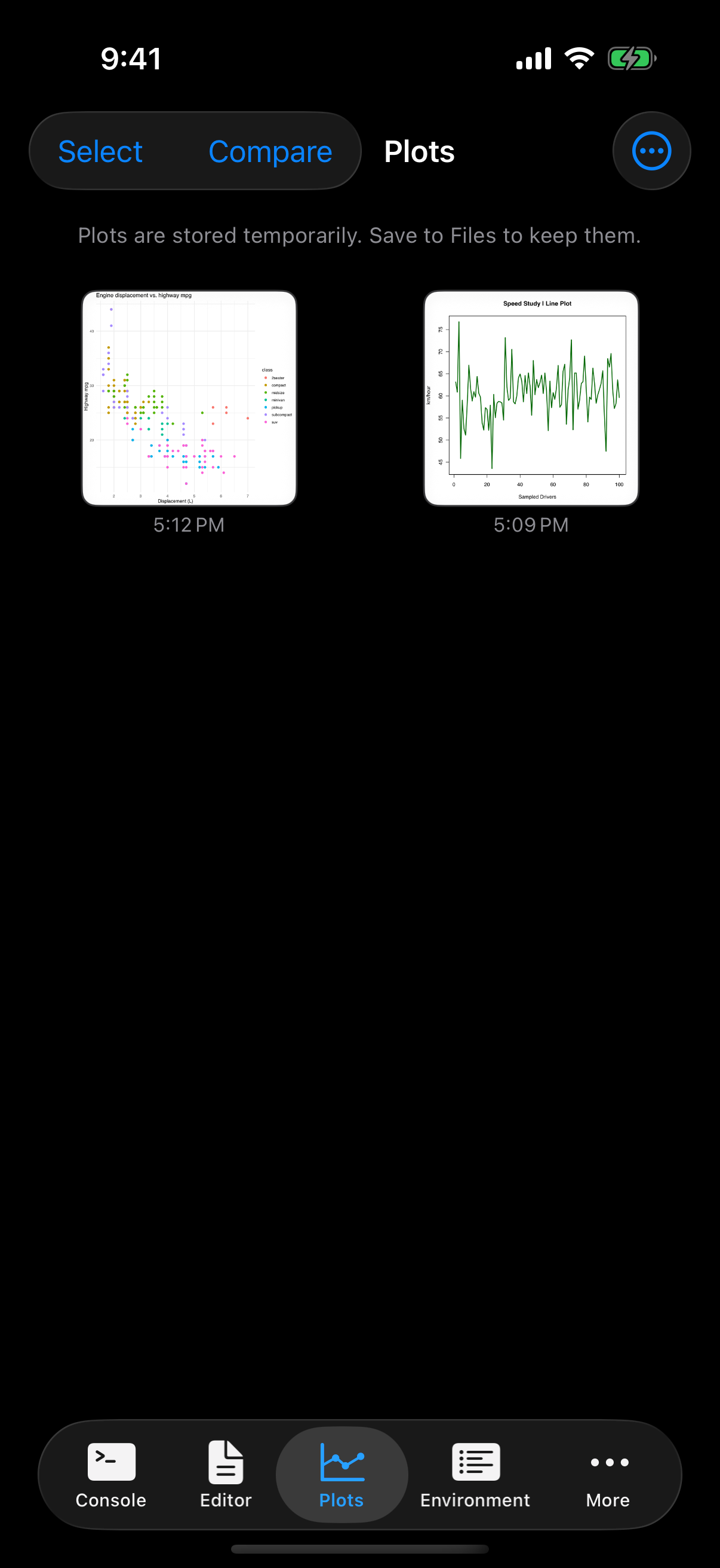 The ggplot2 chart in the Plots gallery on iPhone in dark mode