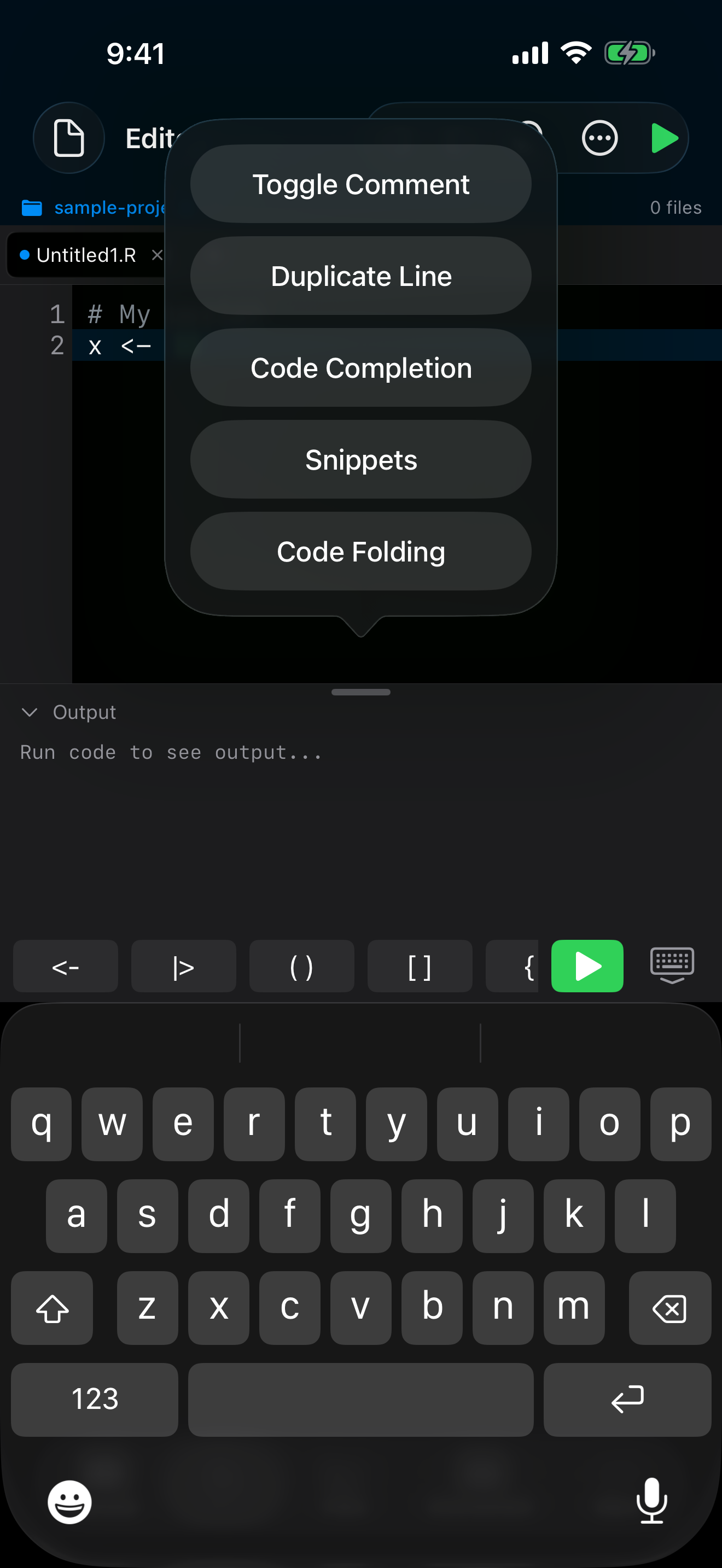 Editor actions menu on iPhone