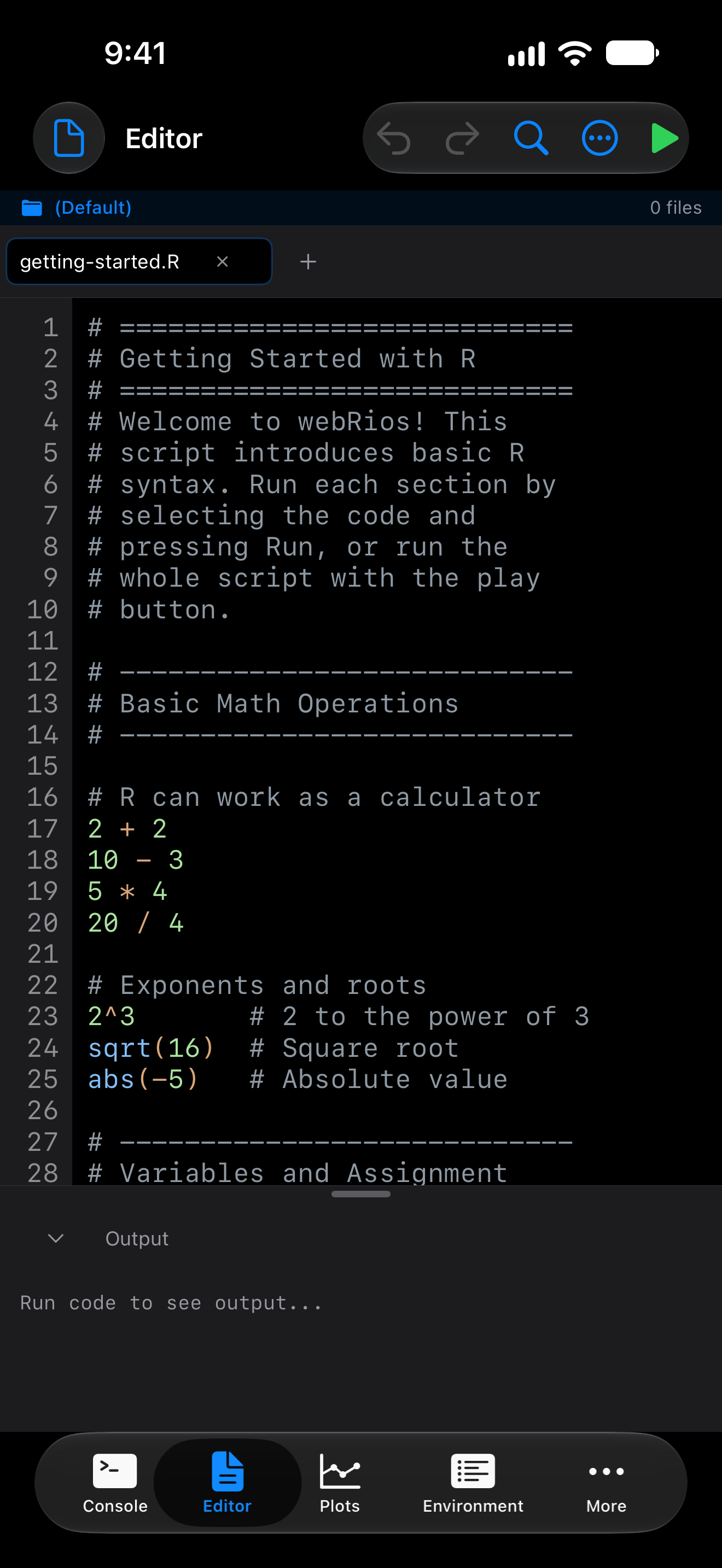 The Getting Started example open in the Editor on iPhone, in a tab named getting-started.R in dark mode