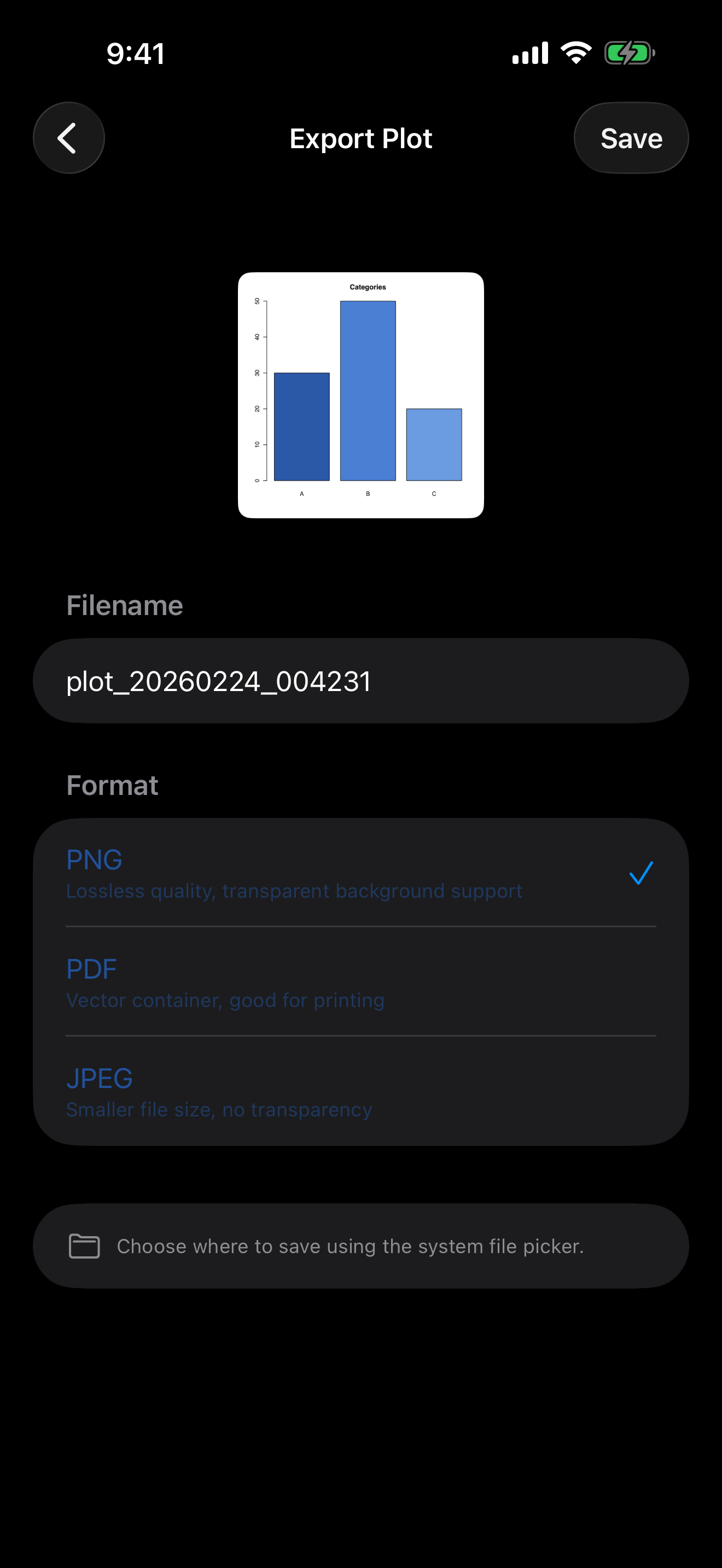 Plot export menu on iPhone