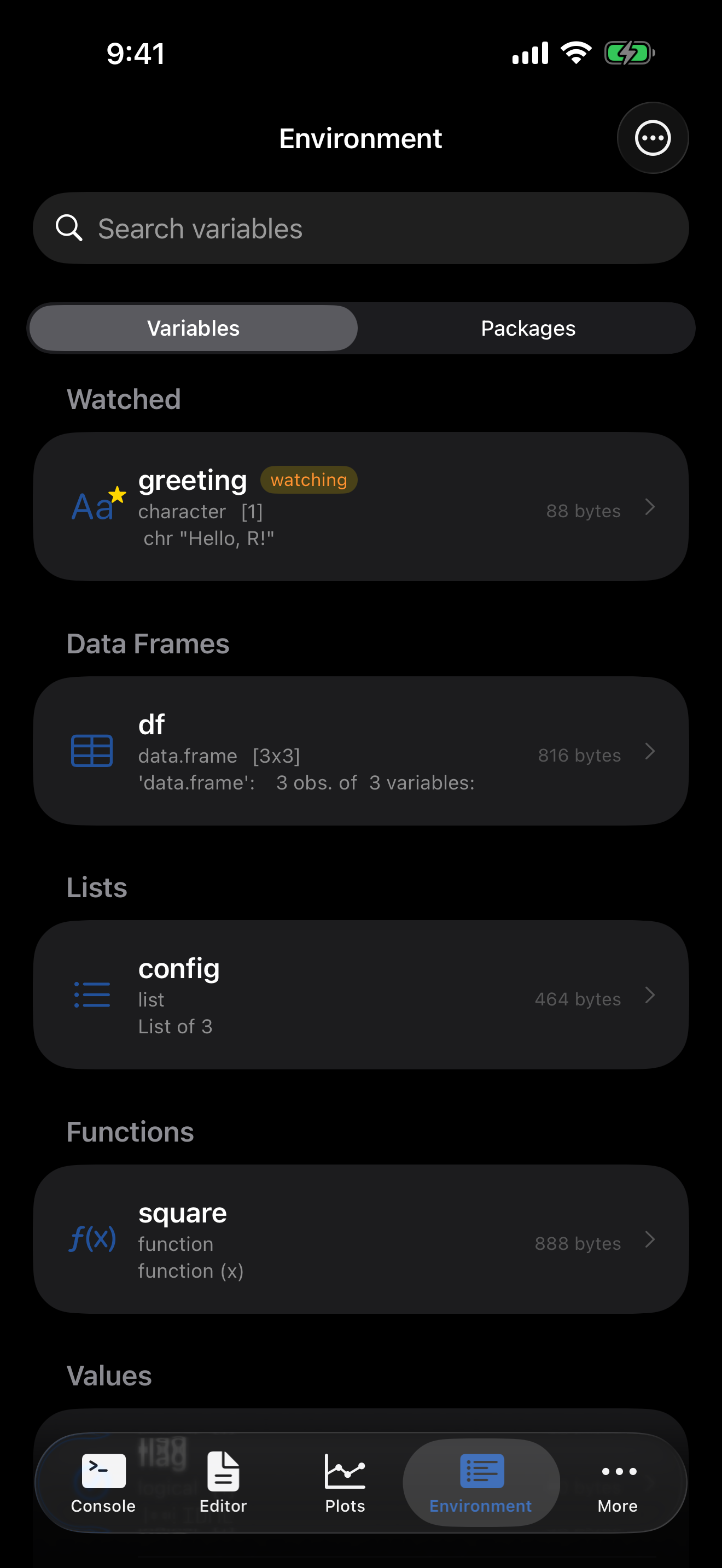 Environment tab on iPhone in dark mode showing variables grouped by type