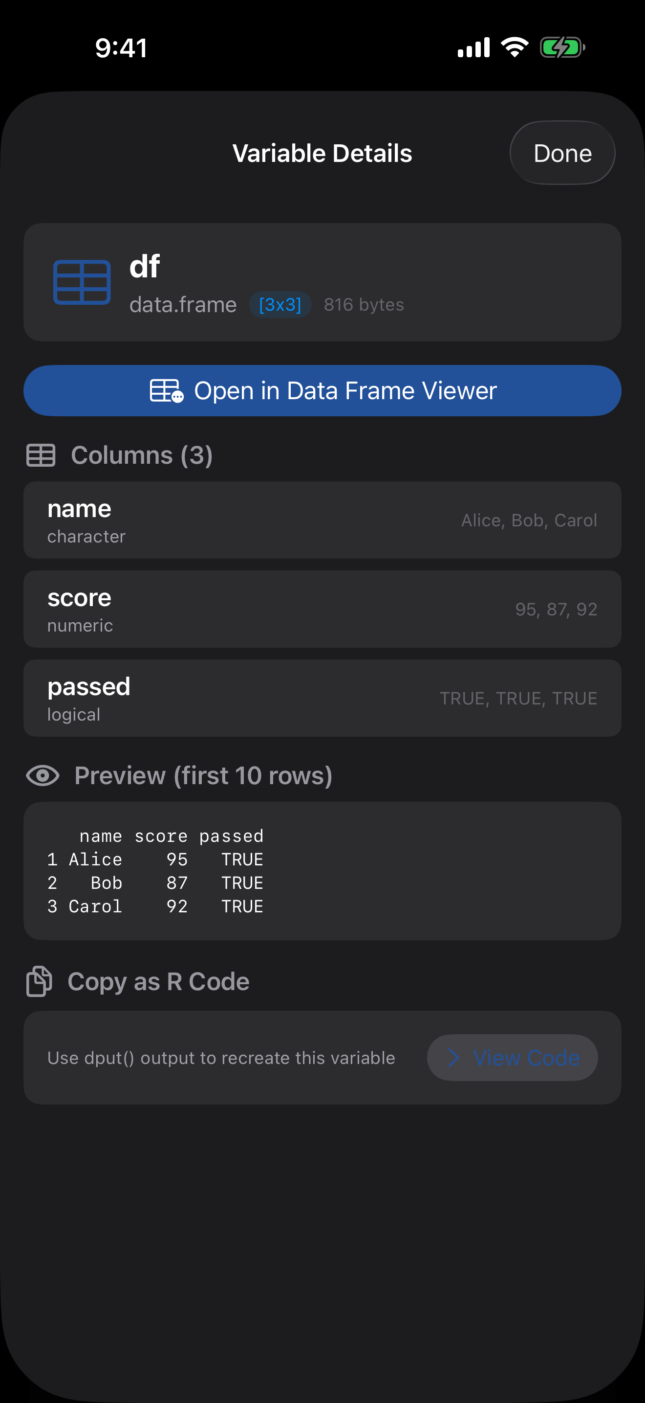 DataFrame viewer on iPhone