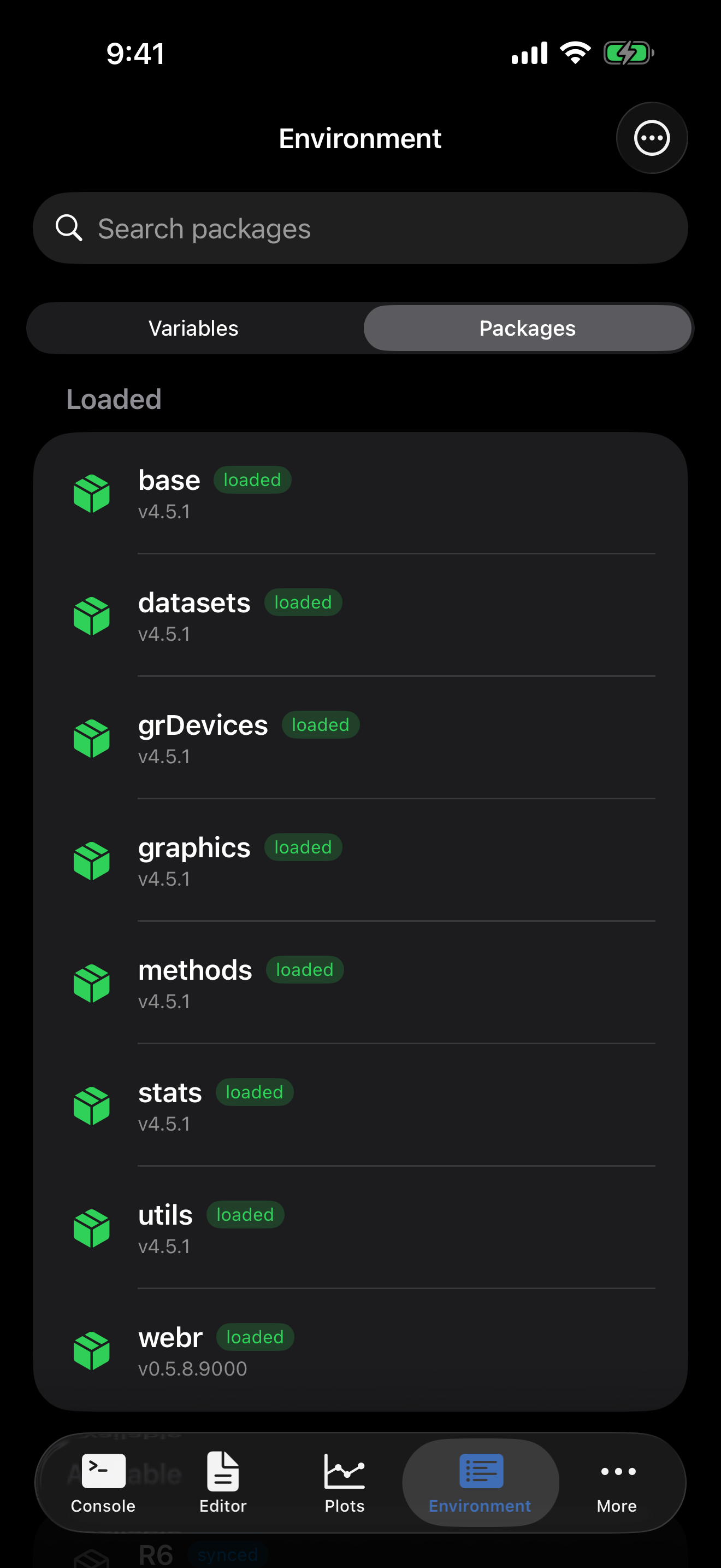 Packages tab on iPhone in dark mode showing installed R packages