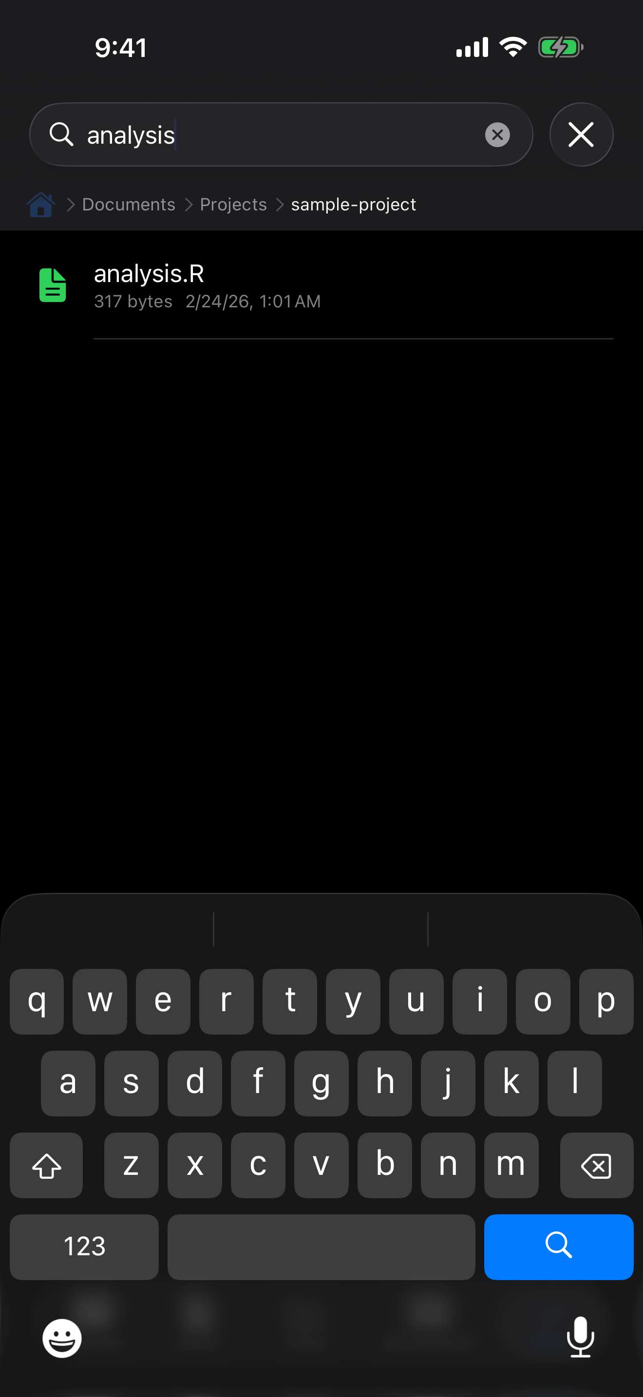 File search filtering results on iPhone in dark mode