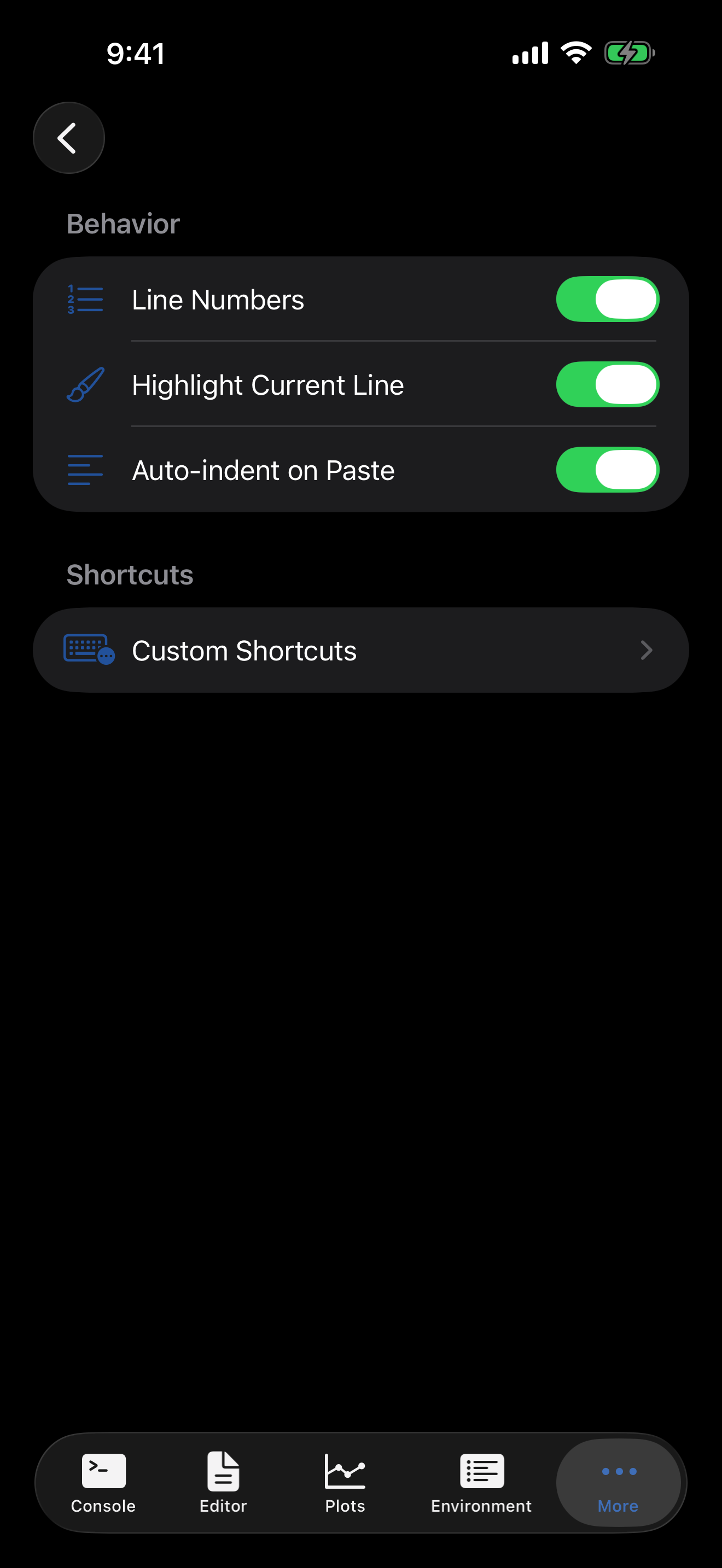 Editor settings on iPhone
