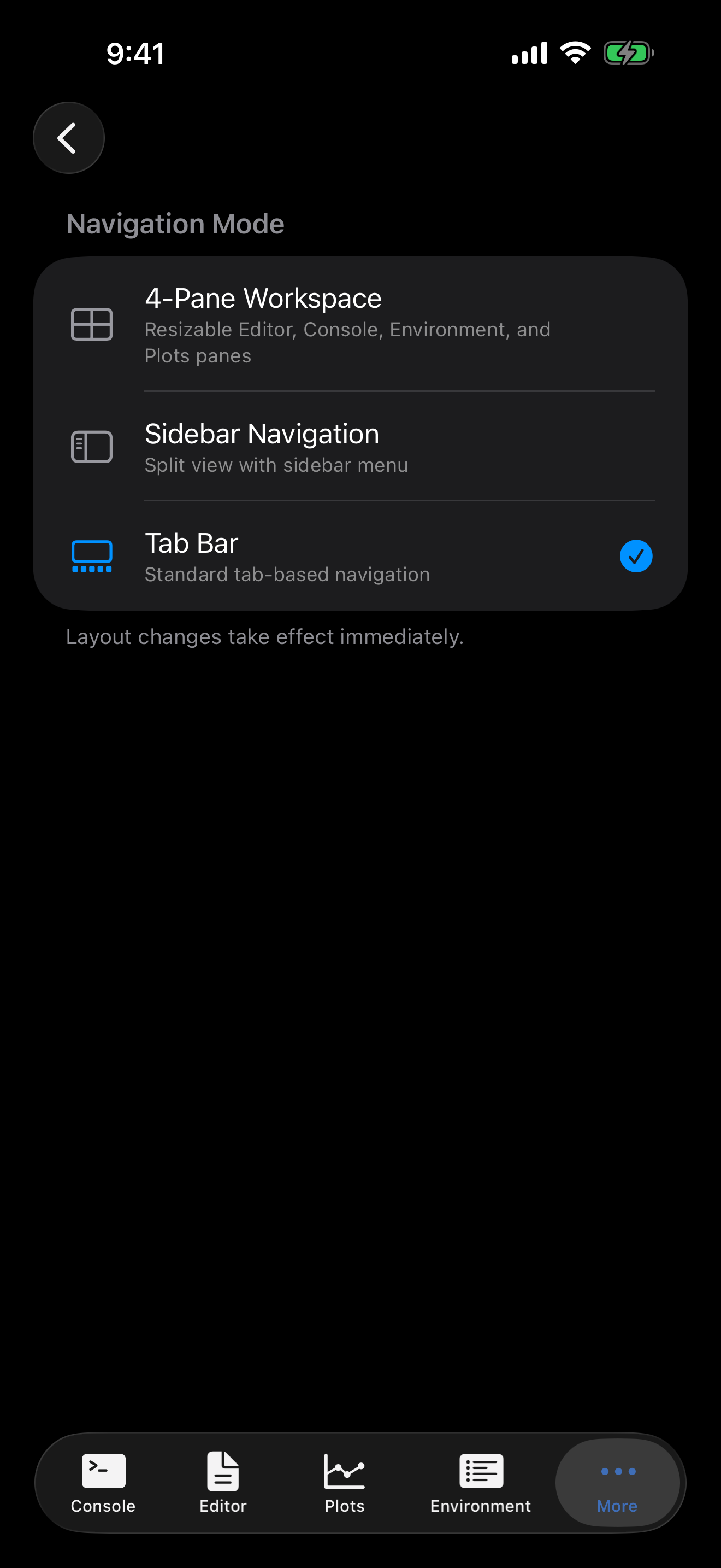 Layout settings on iPhone in dark mode