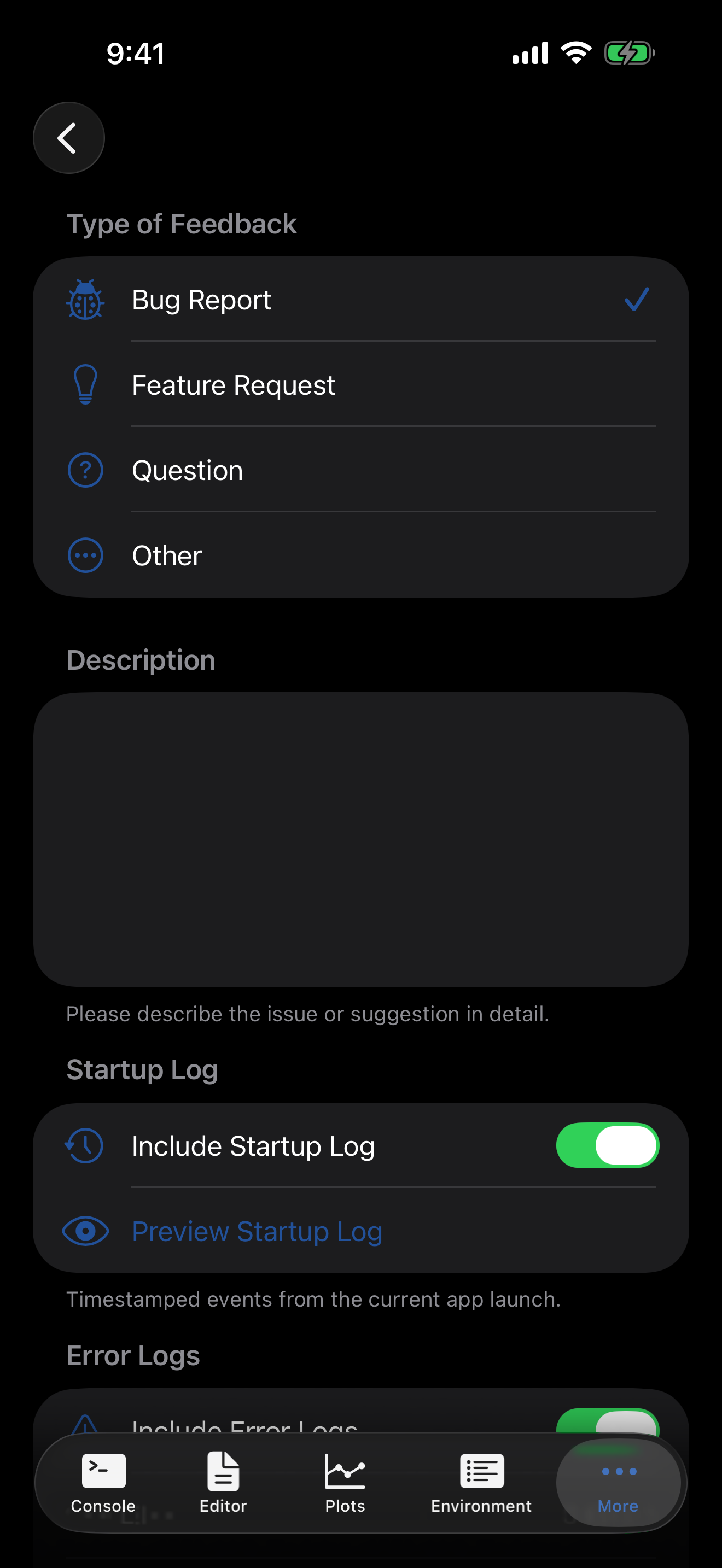 Send Feedback form on iPhone in dark mode