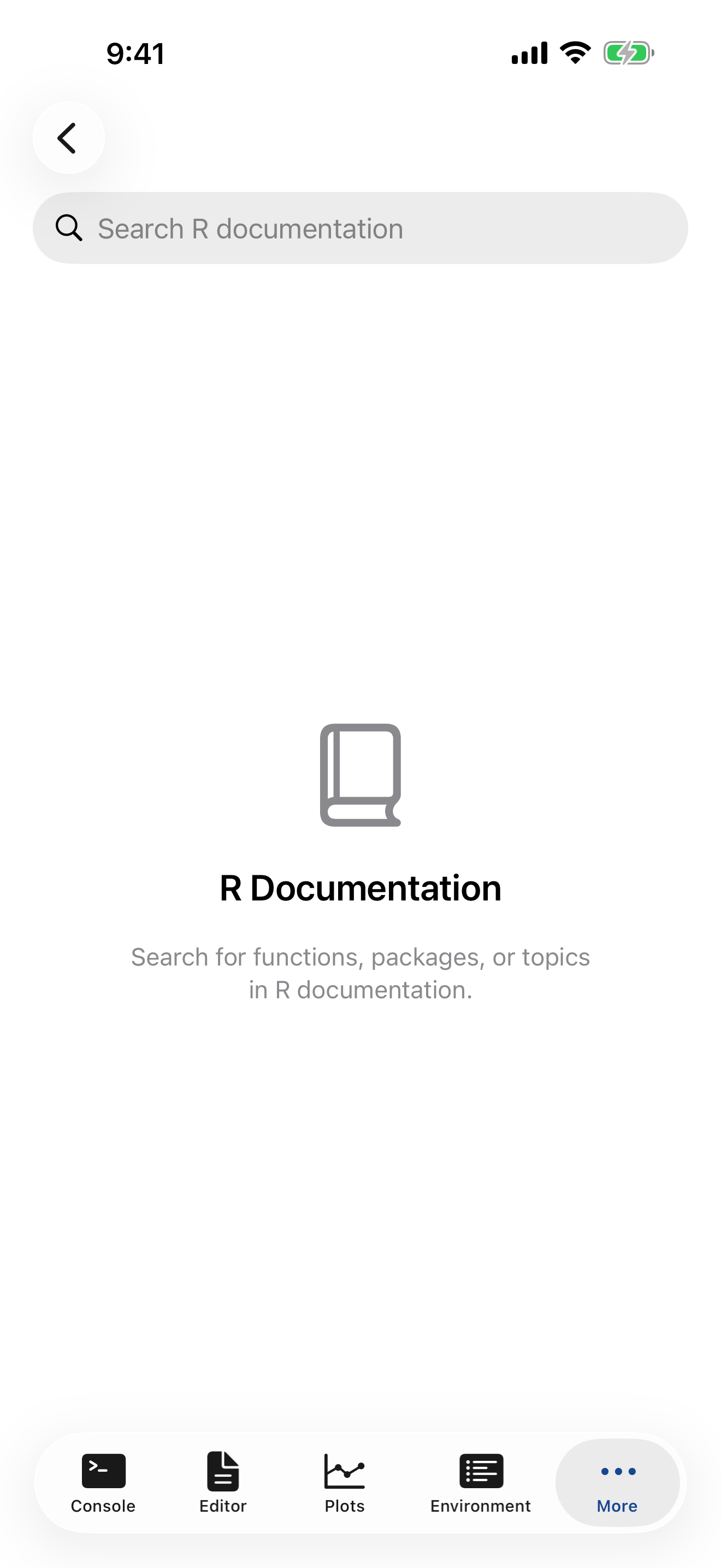 Help tab on iPhone showing the search bar and empty documentation browser