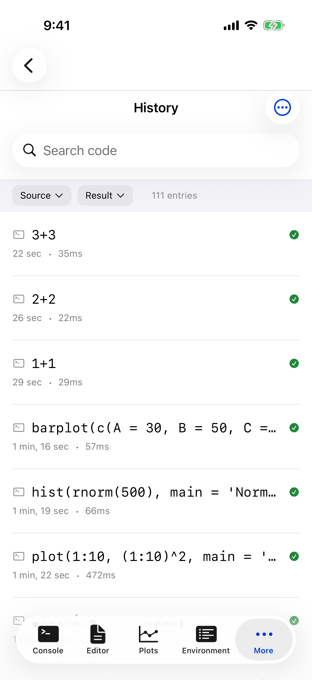 Execution history on iPhone