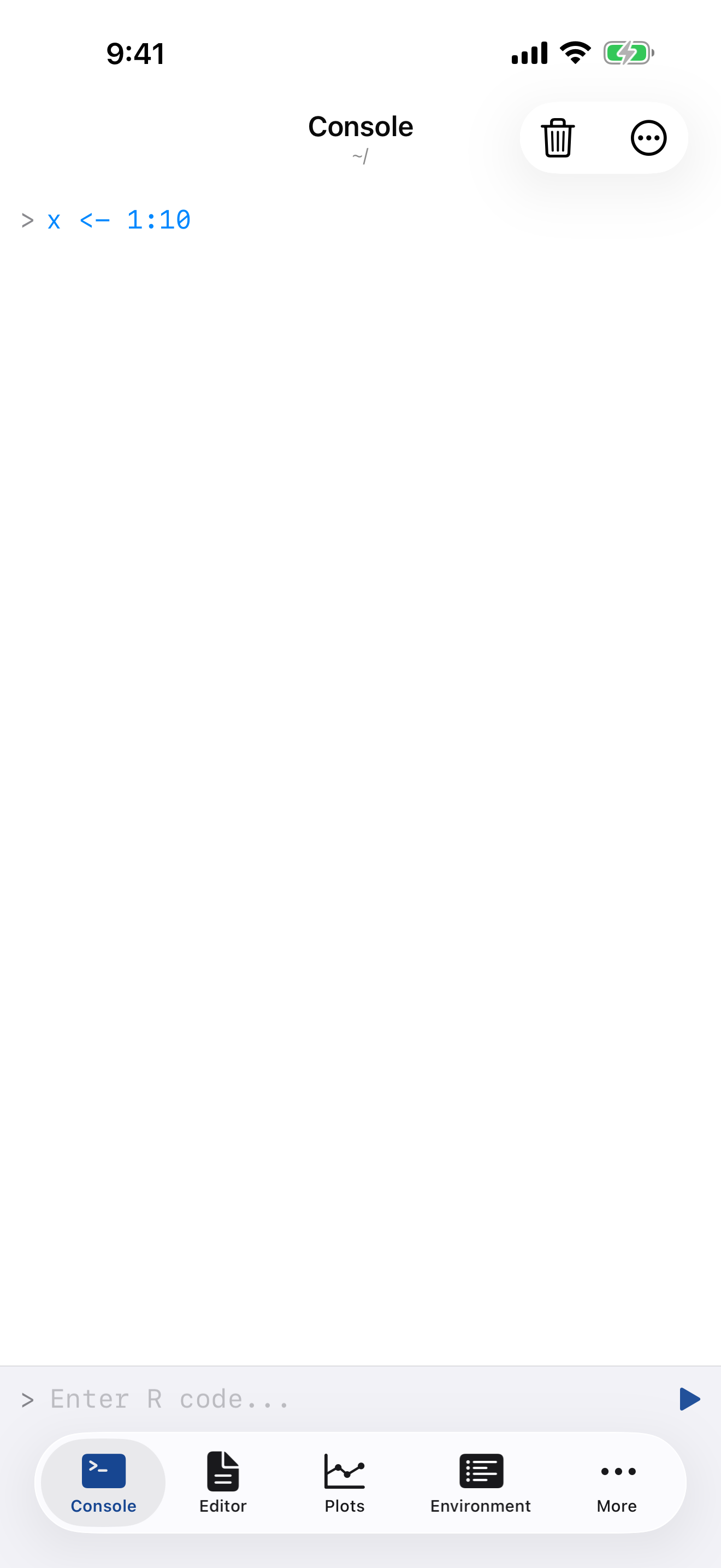 Console after running x <- 1:10 on iPhone