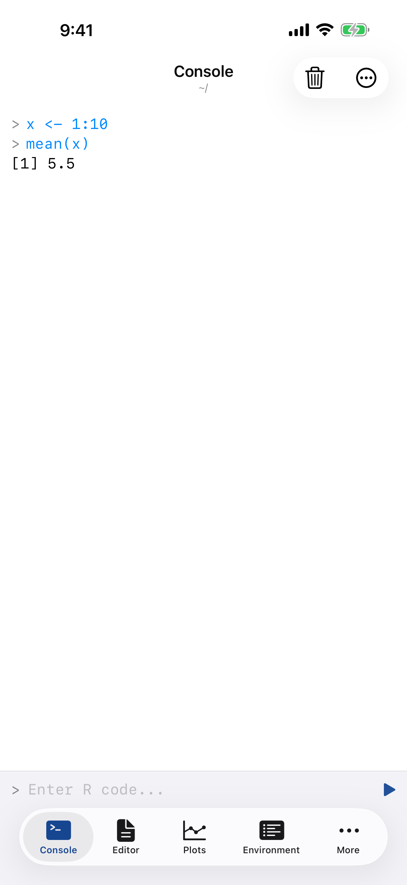 Console after running mean(x) on iPhone