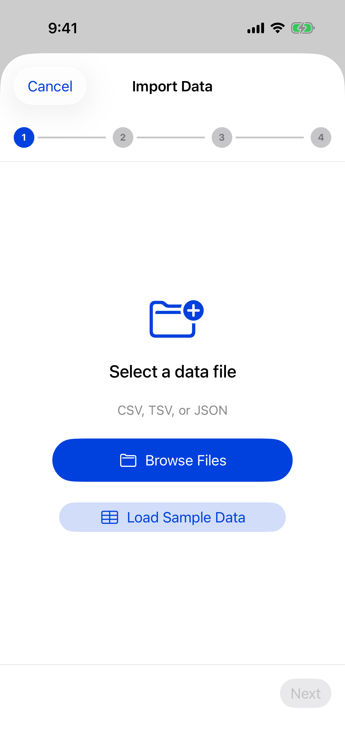 Data Import Wizard step 1 with Browse Files and Load Sample Data on iPhone
