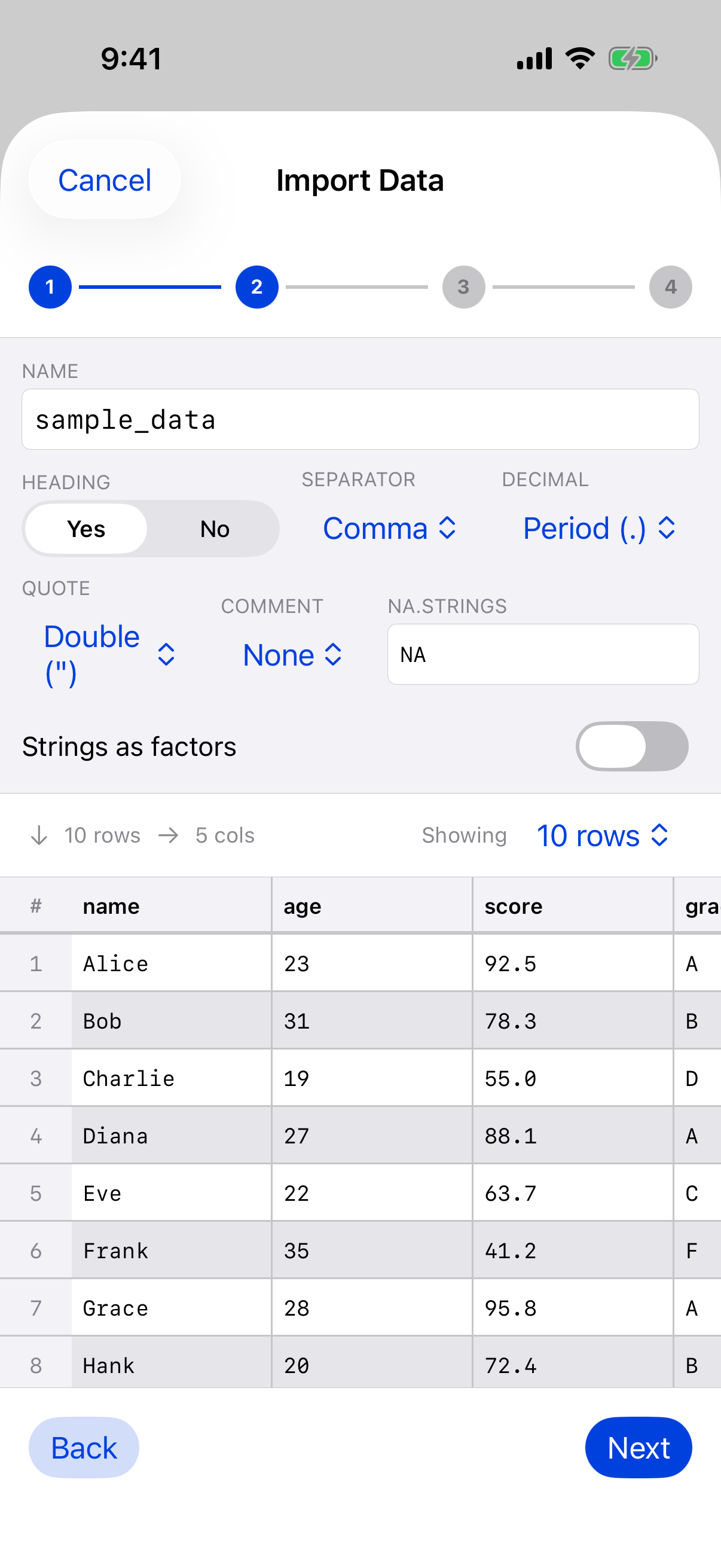 Wizard parsing options with live data preview on iPhone